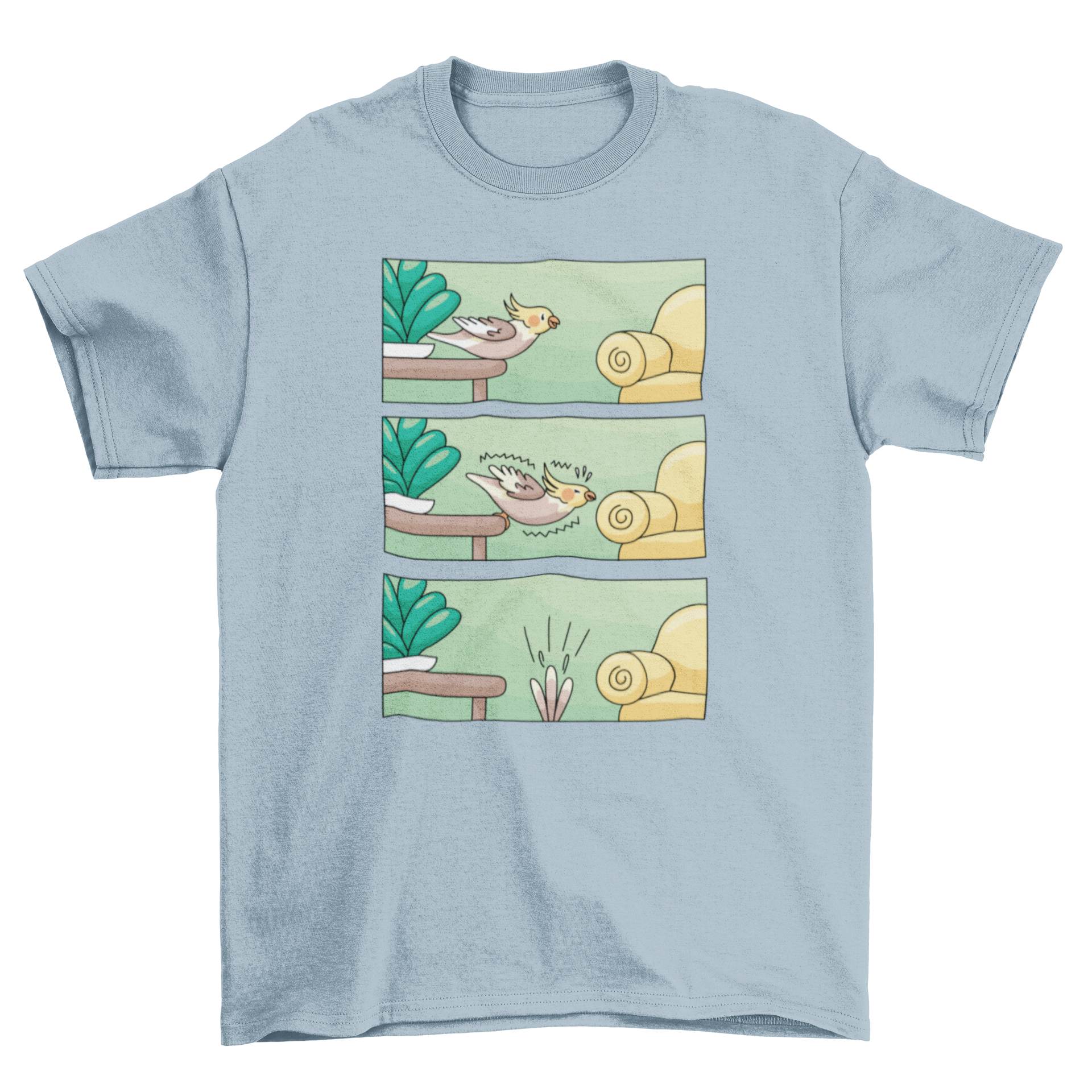 Cockatiel Comic Strip T-shirt featuring a playful design of a cockatiel missing a sofa.