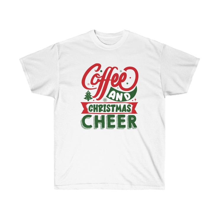 A festive unisex T-shirt featuring a coffee and Christmas theme, made from soft and breathable fabric, perfect for holiday celebrations.