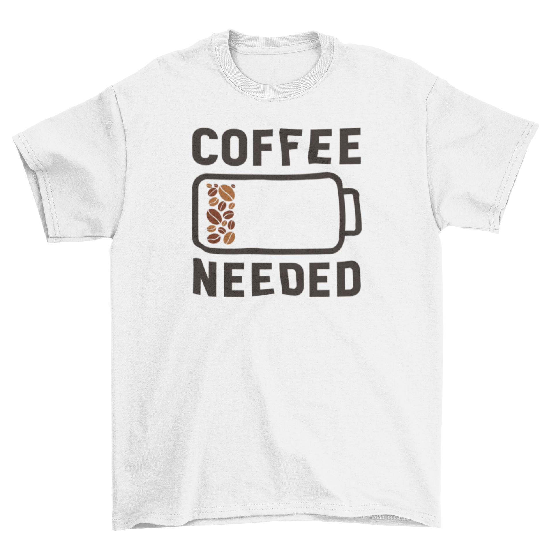 A stylish t-shirt featuring a battery filled with coffee beans and the quote 'Coffee needed', perfect for coffee lovers.