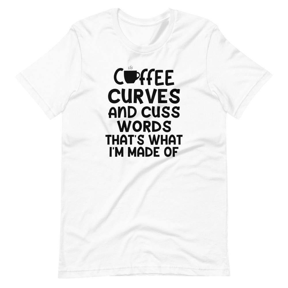 Coffee Curves & Cuss Words T-Shirt made of soft cotton with humorous print.