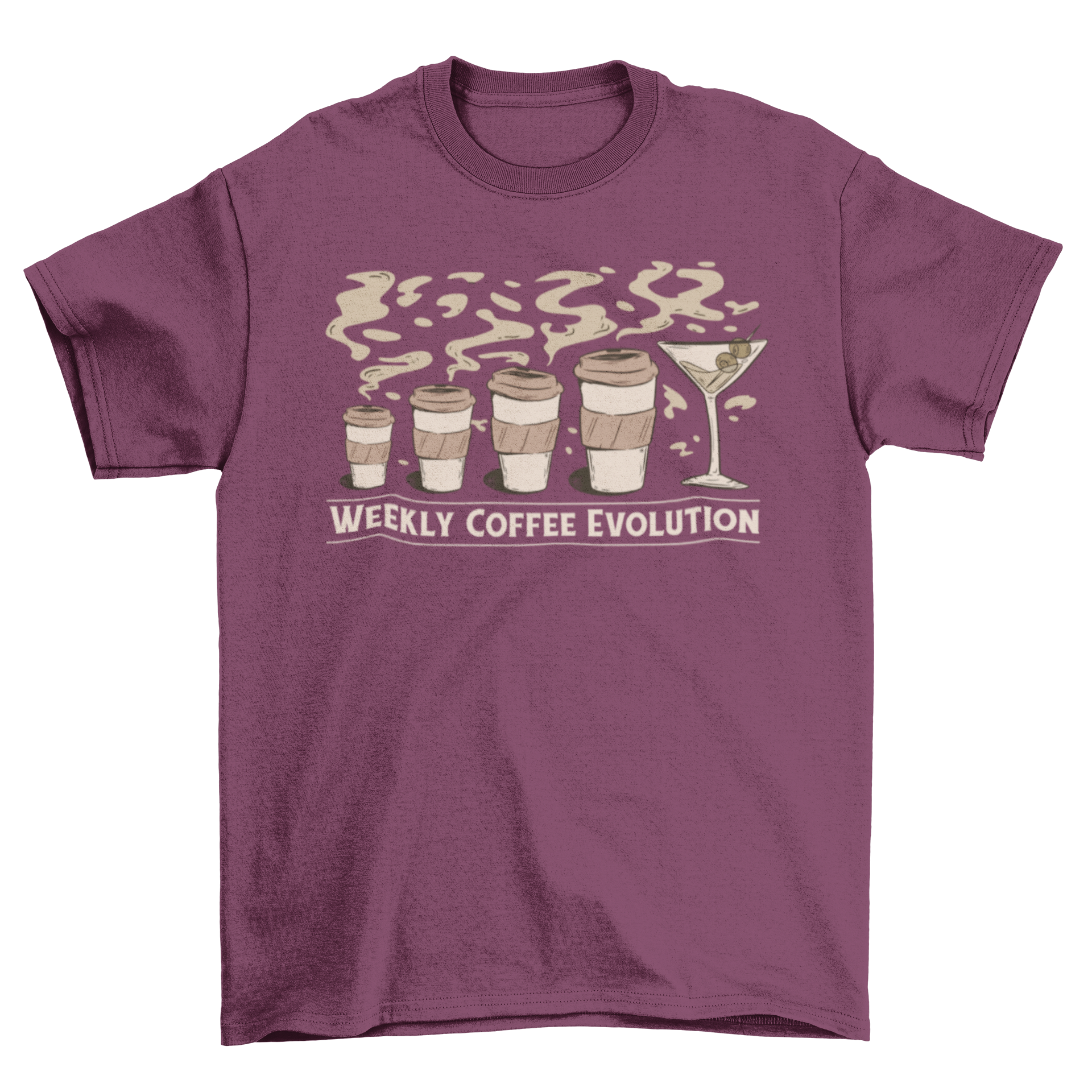 Coffee Drink Evolution T-shirt featuring a graphic of a coffee cup evolving into an alcoholic drink, showcasing a fun and playful design.