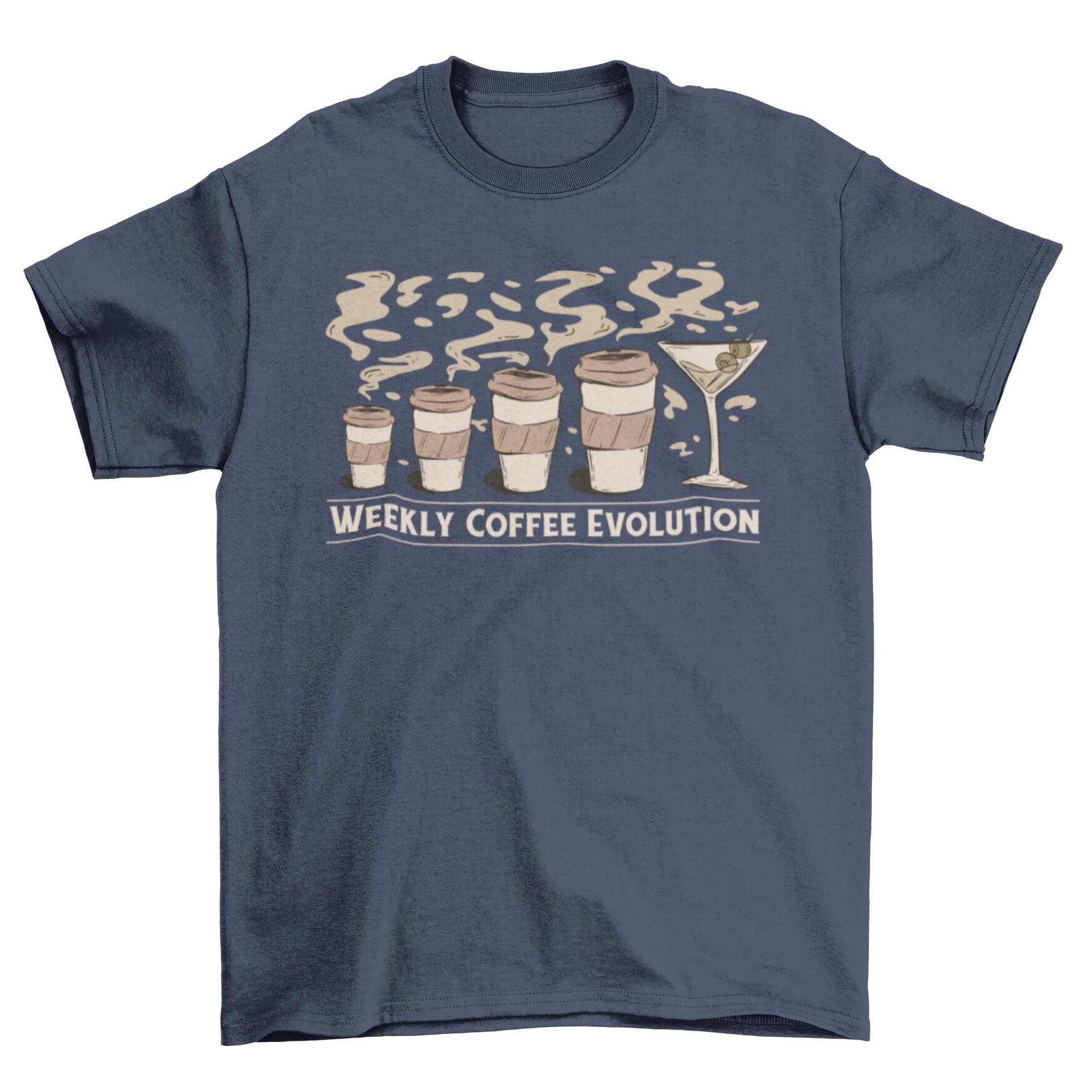 Coffee Drink Evolution T-shirt featuring a graphic of a coffee cup evolving into an alcoholic drink, showcasing a fun and playful design.