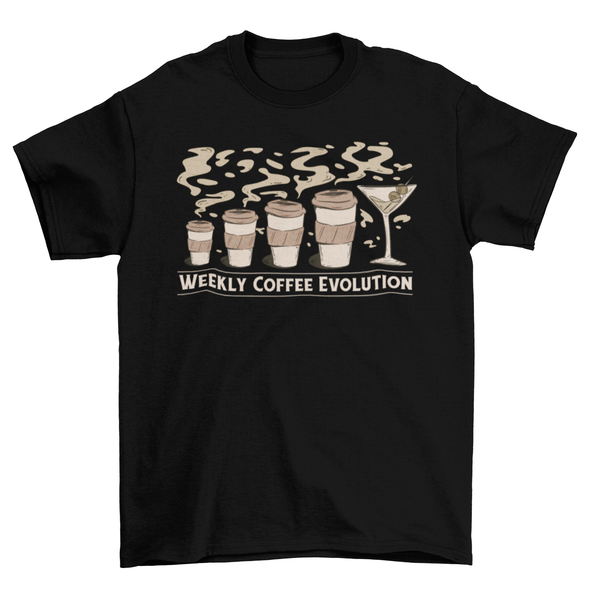 Coffee Drink Evolution T-shirt featuring a graphic of a coffee cup evolving into an alcoholic drink, showcasing a fun and playful design.