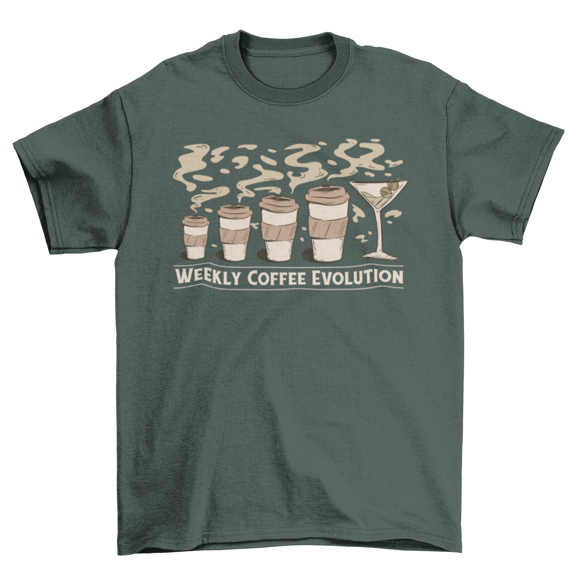 Coffee Drink Evolution T-shirt featuring a graphic of a coffee cup evolving into an alcoholic drink, showcasing a fun and playful design.