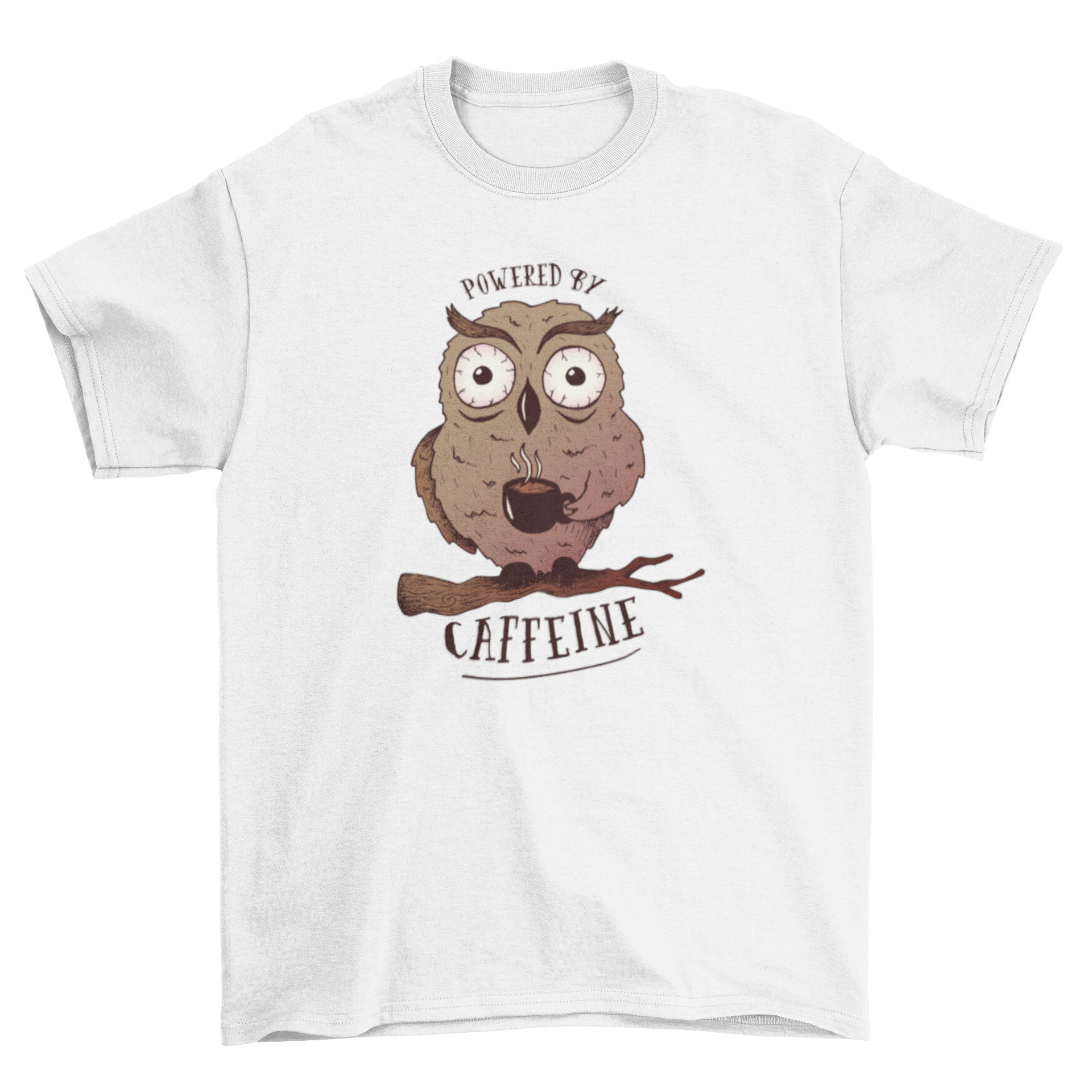 Cartoon t-shirt design featuring a wide-eyed owl on a tree branch holding a coffee cup with 'Powered by caffeine' caption.
