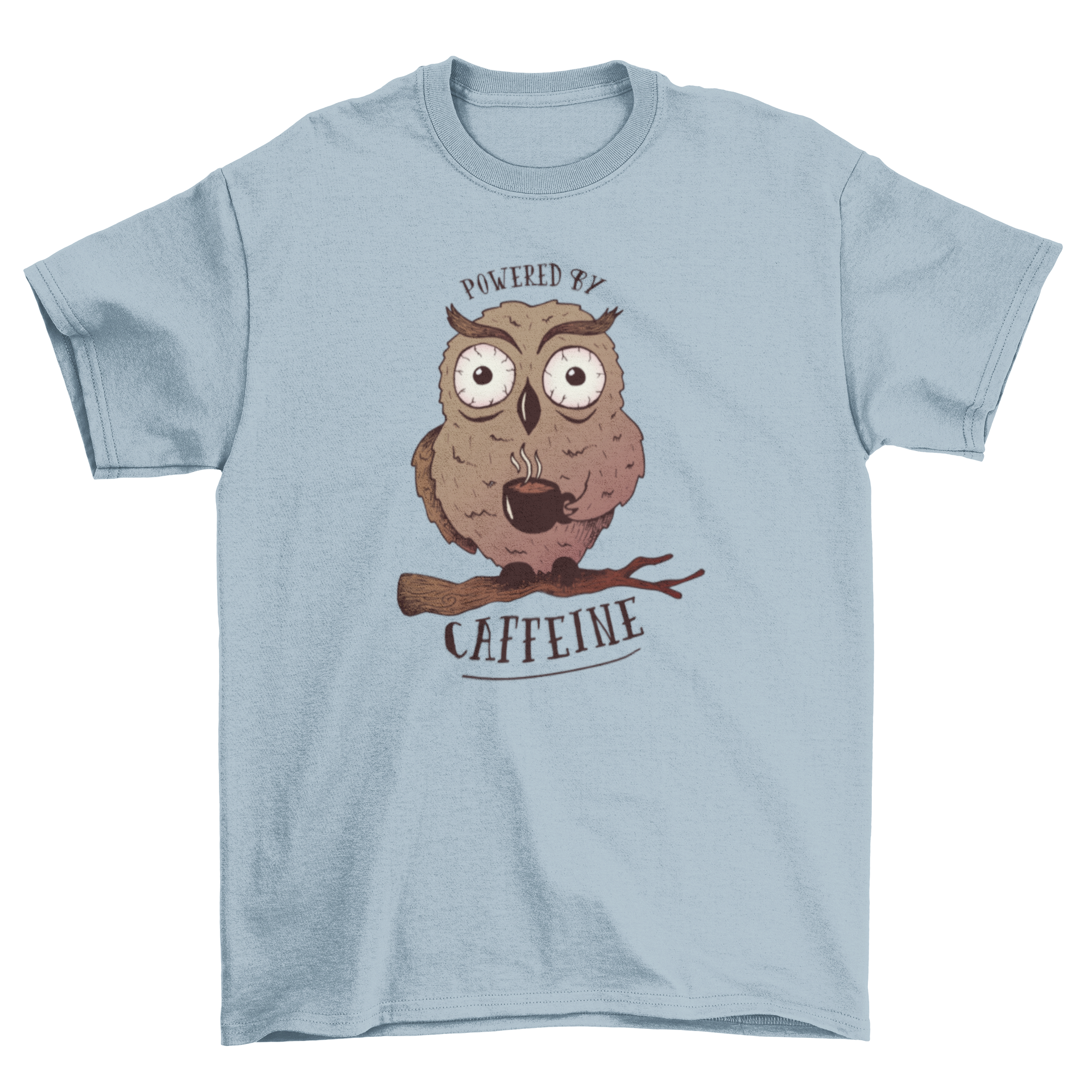 Cartoon t-shirt design featuring a wide-eyed owl on a tree branch holding a coffee cup with 'Powered by caffeine' caption.