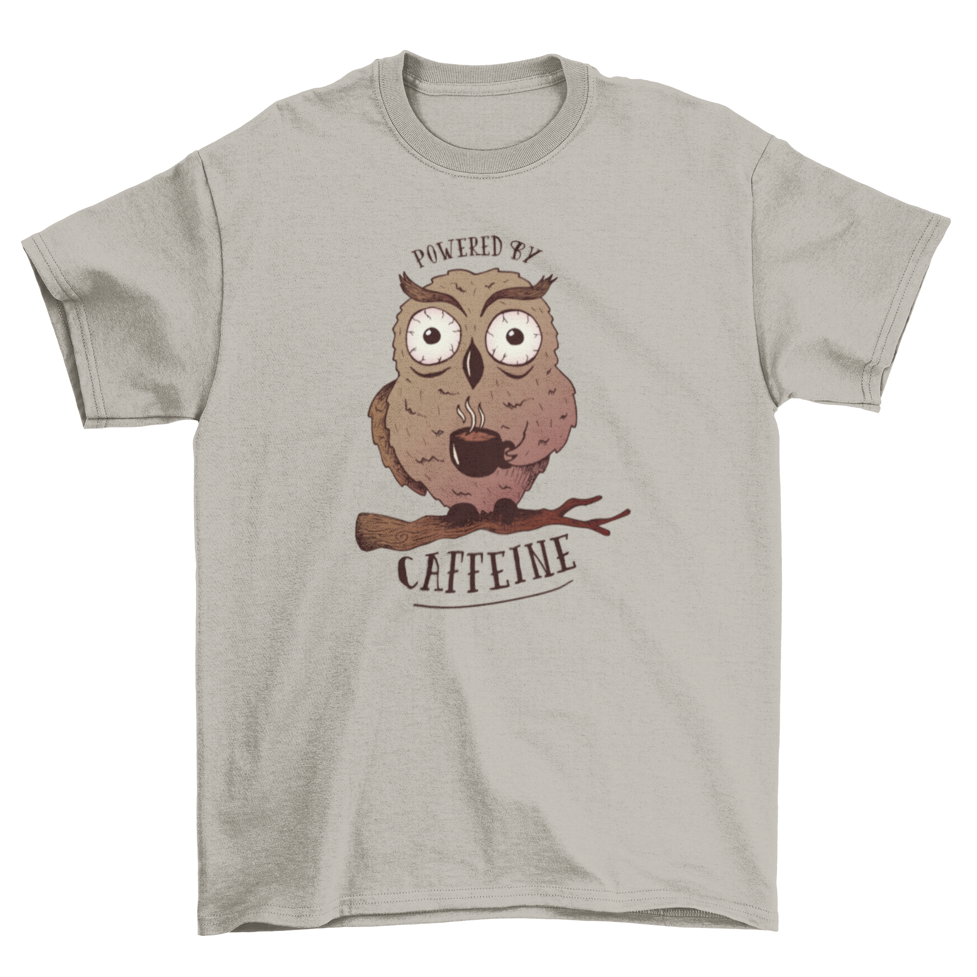 Cartoon t-shirt design featuring a wide-eyed owl on a tree branch holding a coffee cup with 'Powered by caffeine' caption.