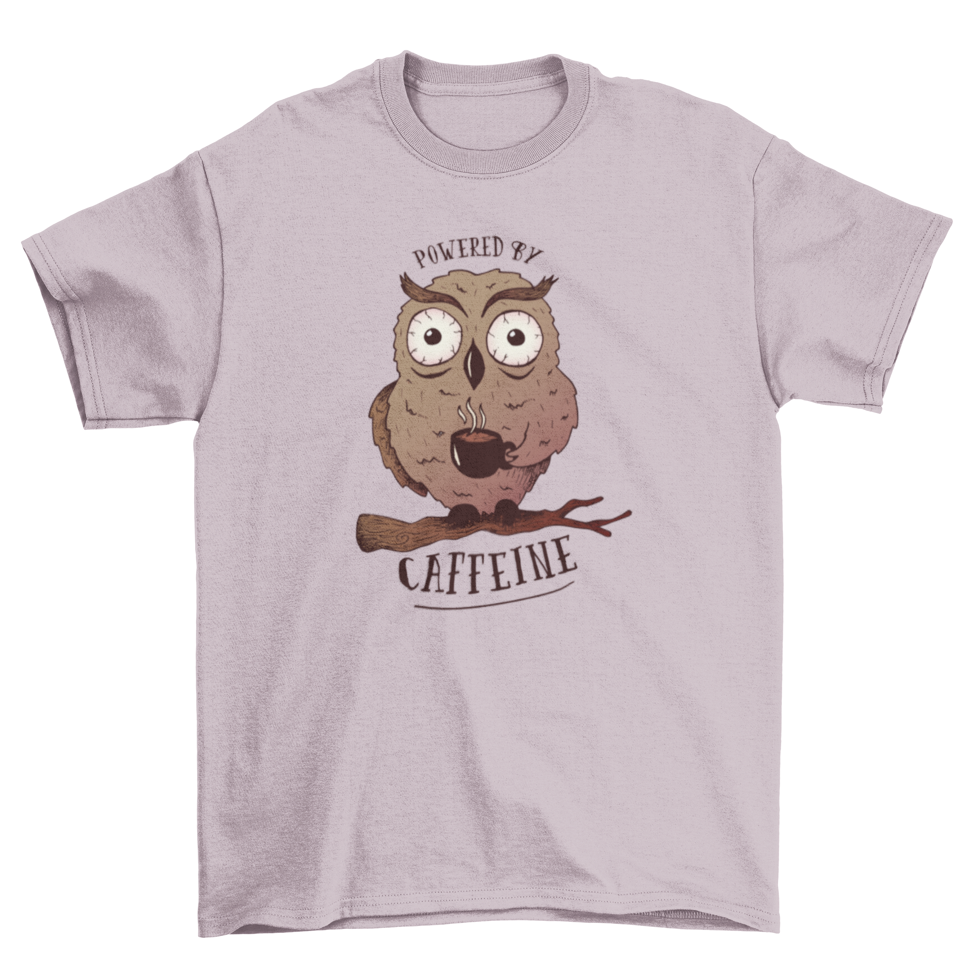 Cartoon t-shirt design featuring a wide-eyed owl on a tree branch holding a coffee cup with 'Powered by caffeine' caption.