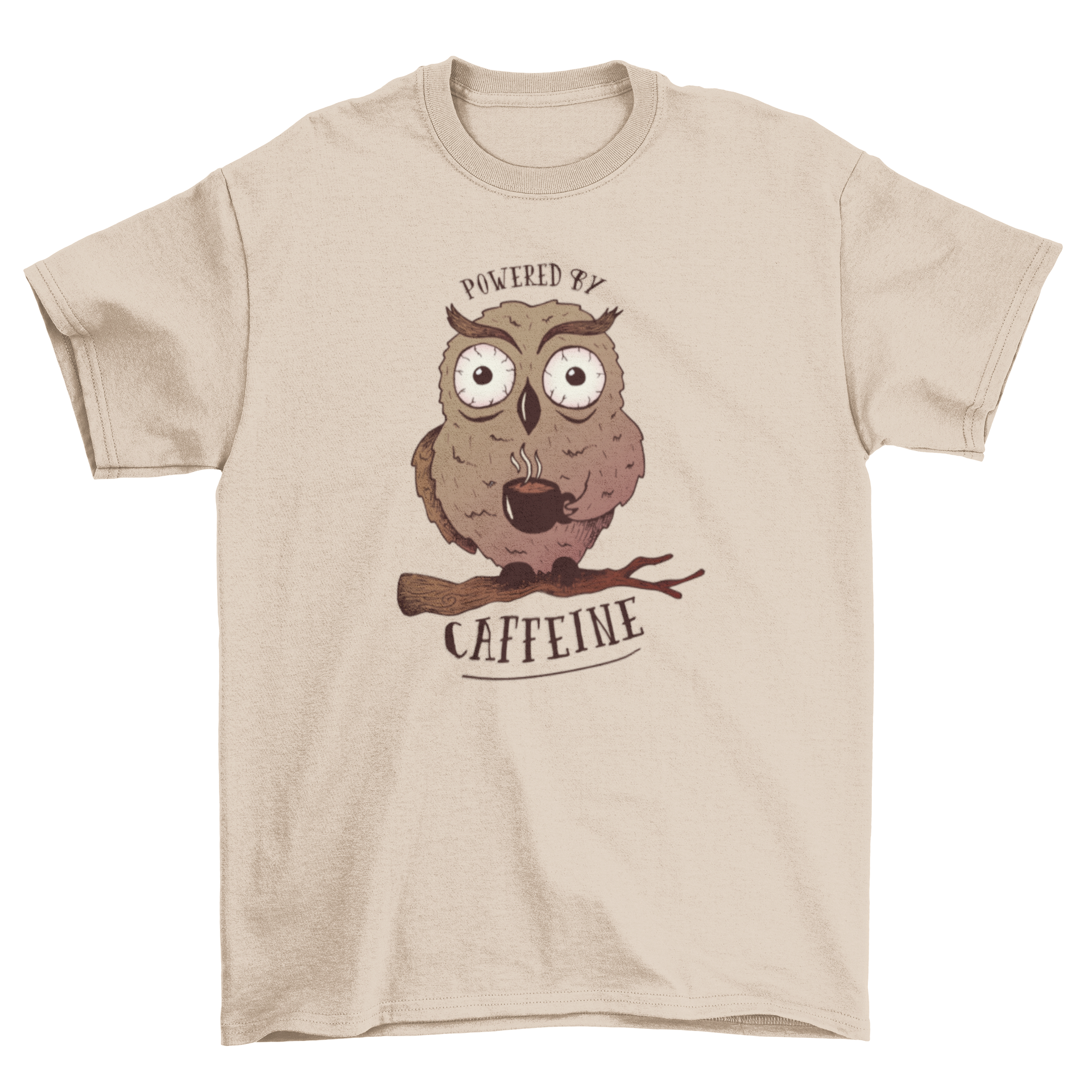 Cartoon t-shirt design featuring a wide-eyed owl on a tree branch holding a coffee cup with 'Powered by caffeine' caption.