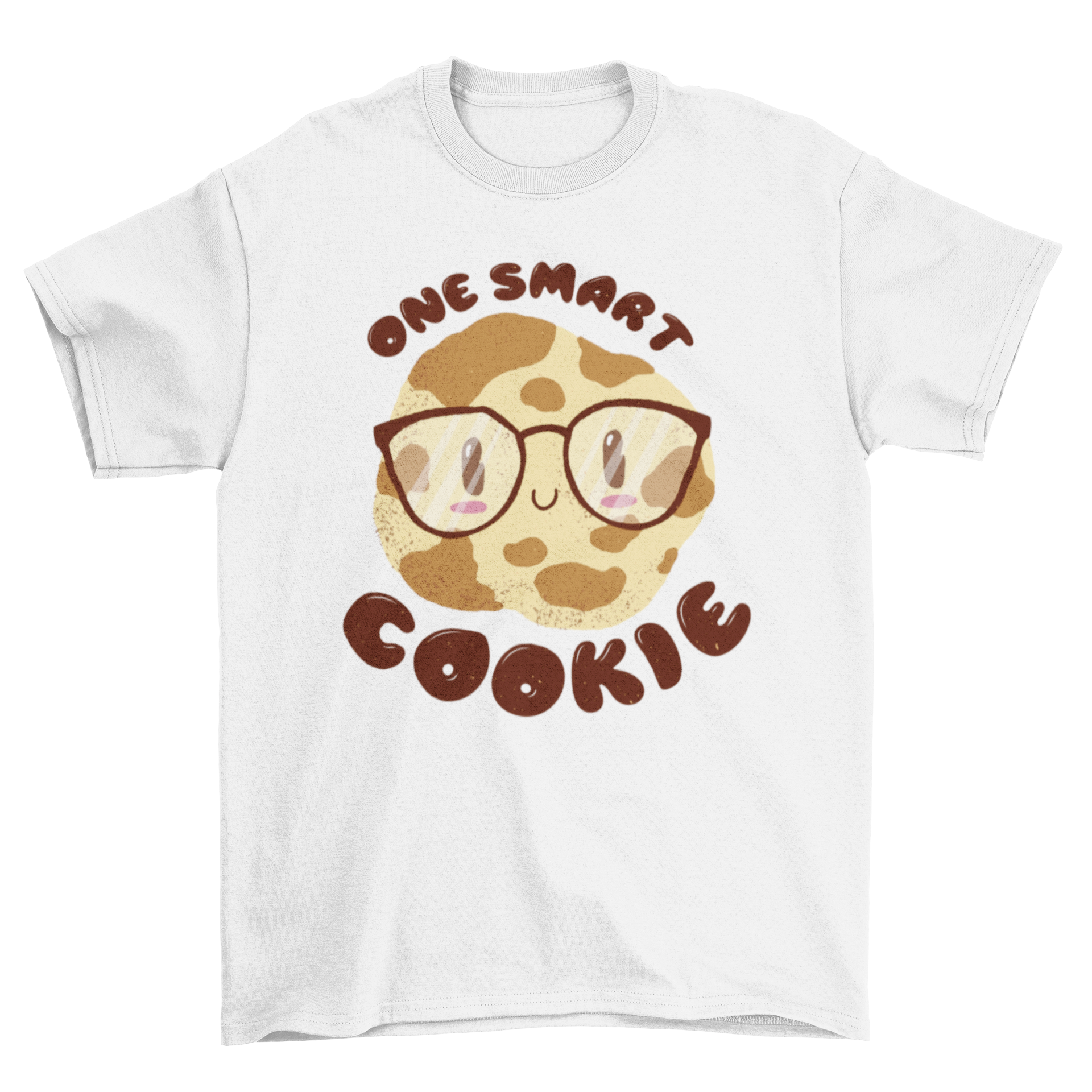 A stylish T-shirt featuring a cute nerd cookie illustration with glasses and the quote 'ONE SMART COOKIE'.