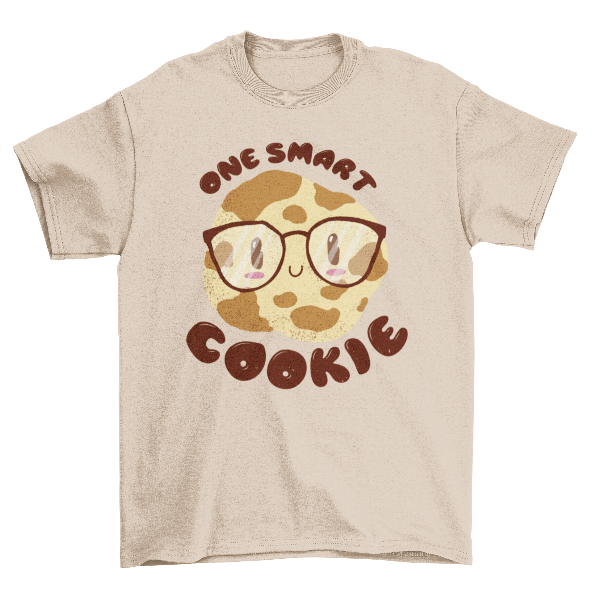 A stylish T-shirt featuring a cute nerd cookie illustration with glasses and the quote 'ONE SMART COOKIE'.