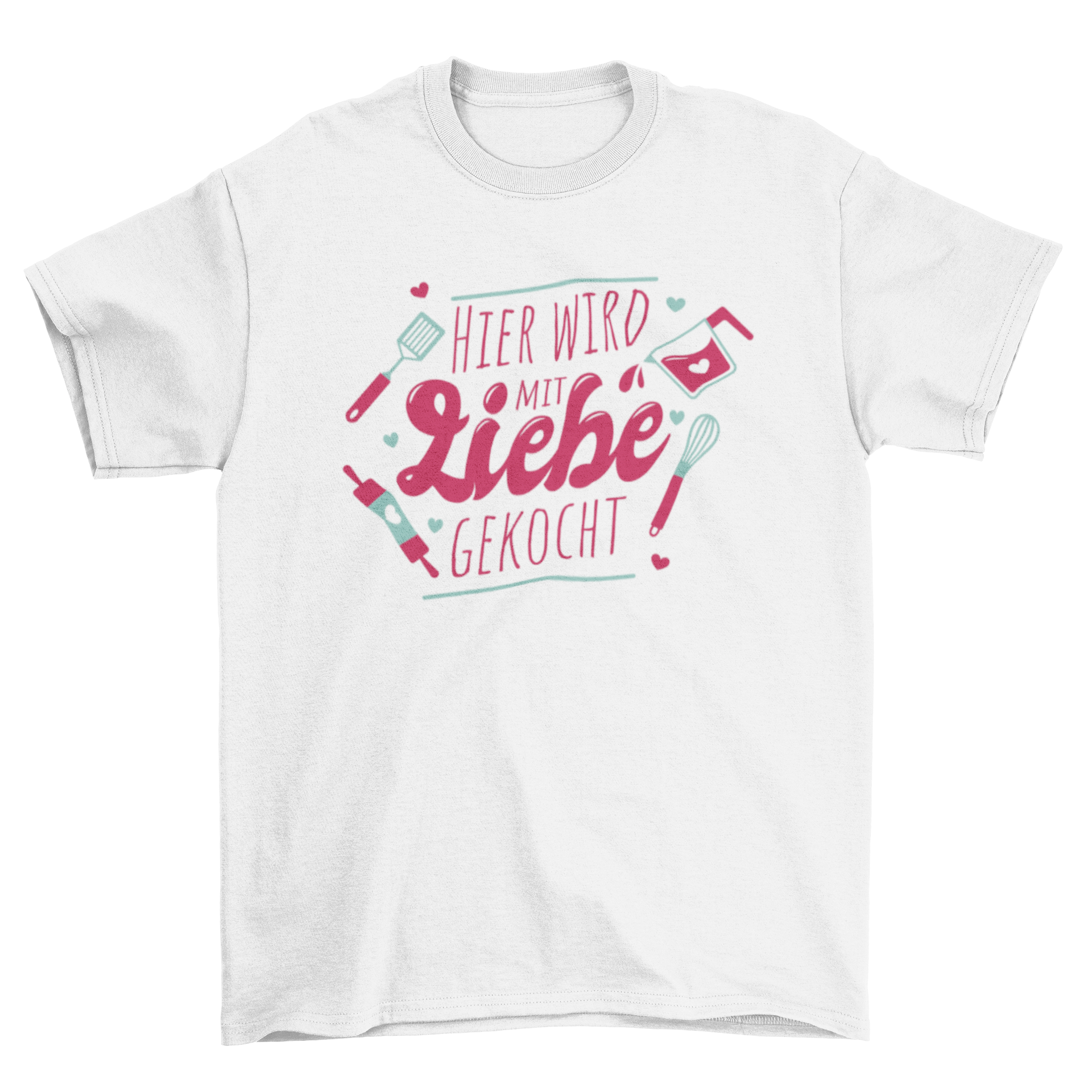 A stylish t-shirt featuring a German quote that translates to 'Cooking with love', perfect for cooking enthusiasts.