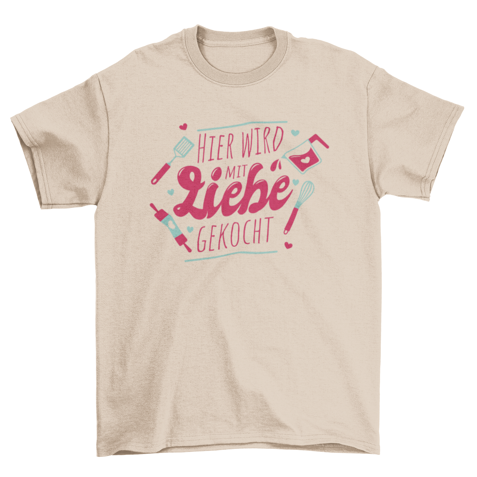 A stylish t-shirt featuring a German quote that translates to 'Cooking with love', perfect for cooking enthusiasts.
