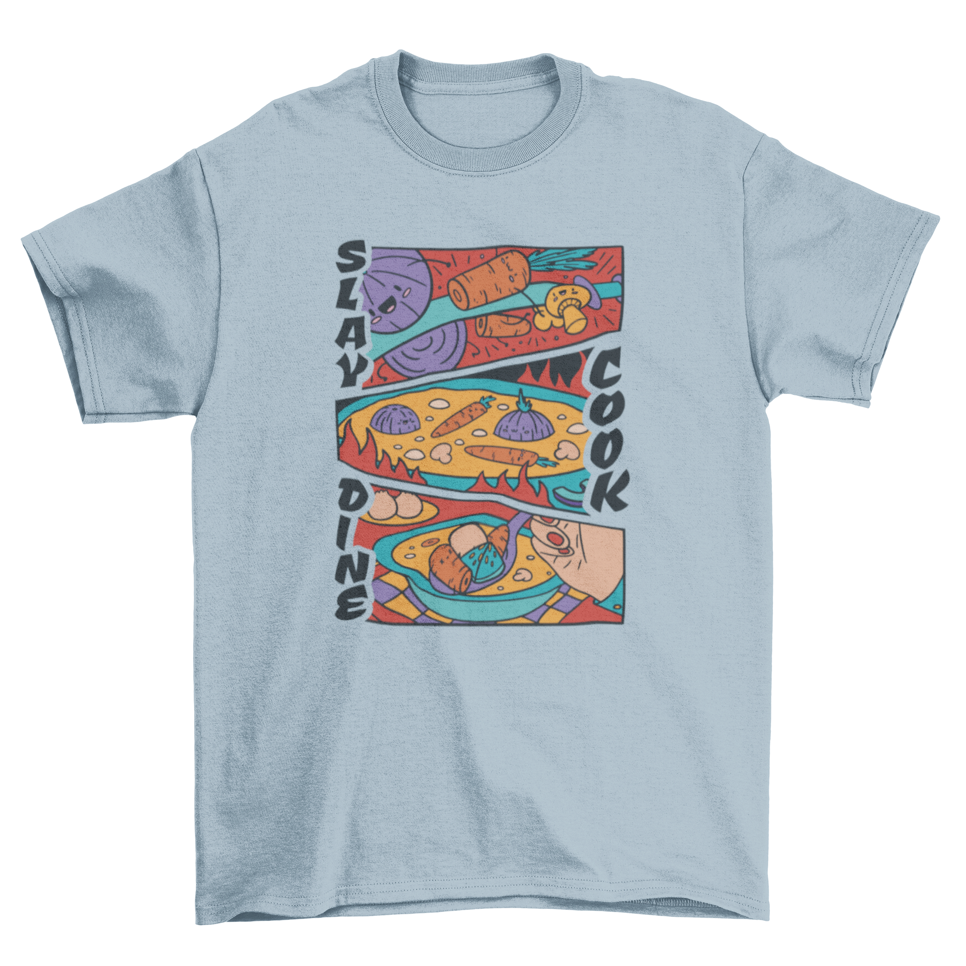 A vibrant t-shirt design featuring comic strips of a person cooking vegetables into soup with the quote 'Slay, cook, dine'.