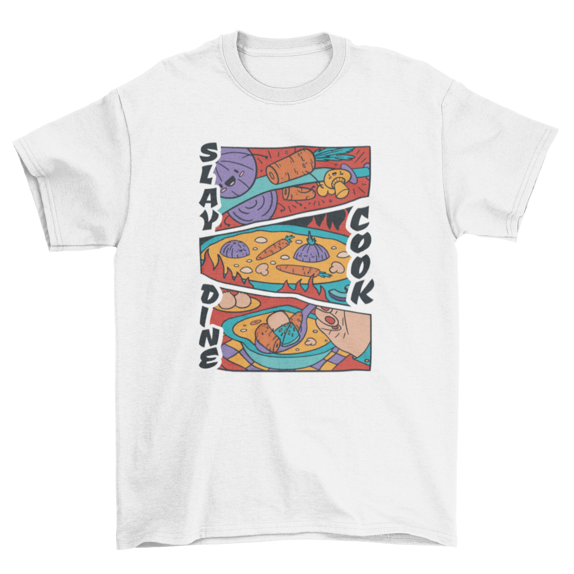 A vibrant t-shirt design featuring comic strips of a person cooking vegetables into soup with the quote 'Slay, cook, dine'.