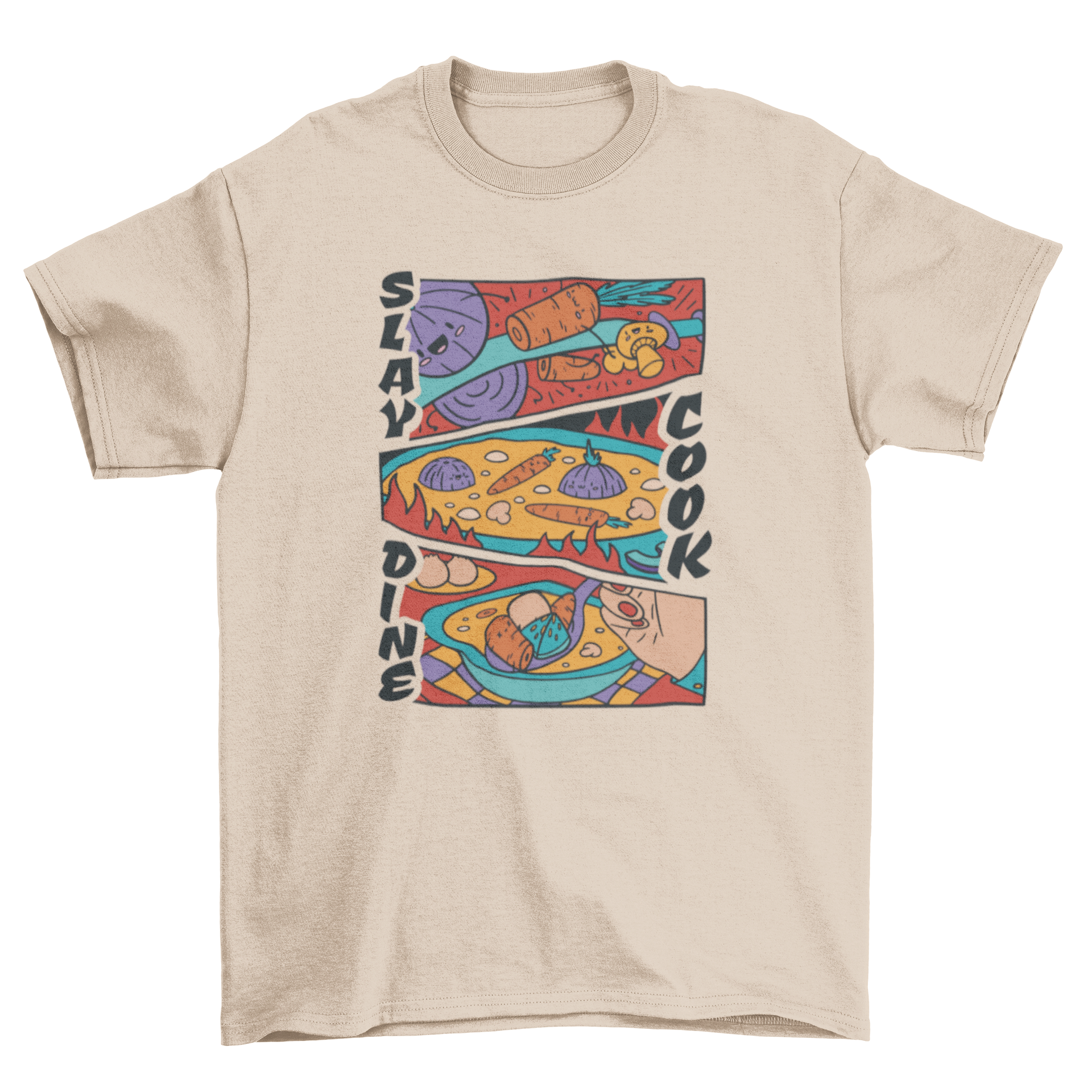 A vibrant t-shirt design featuring comic strips of a person cooking vegetables into soup with the quote 'Slay, cook, dine'.