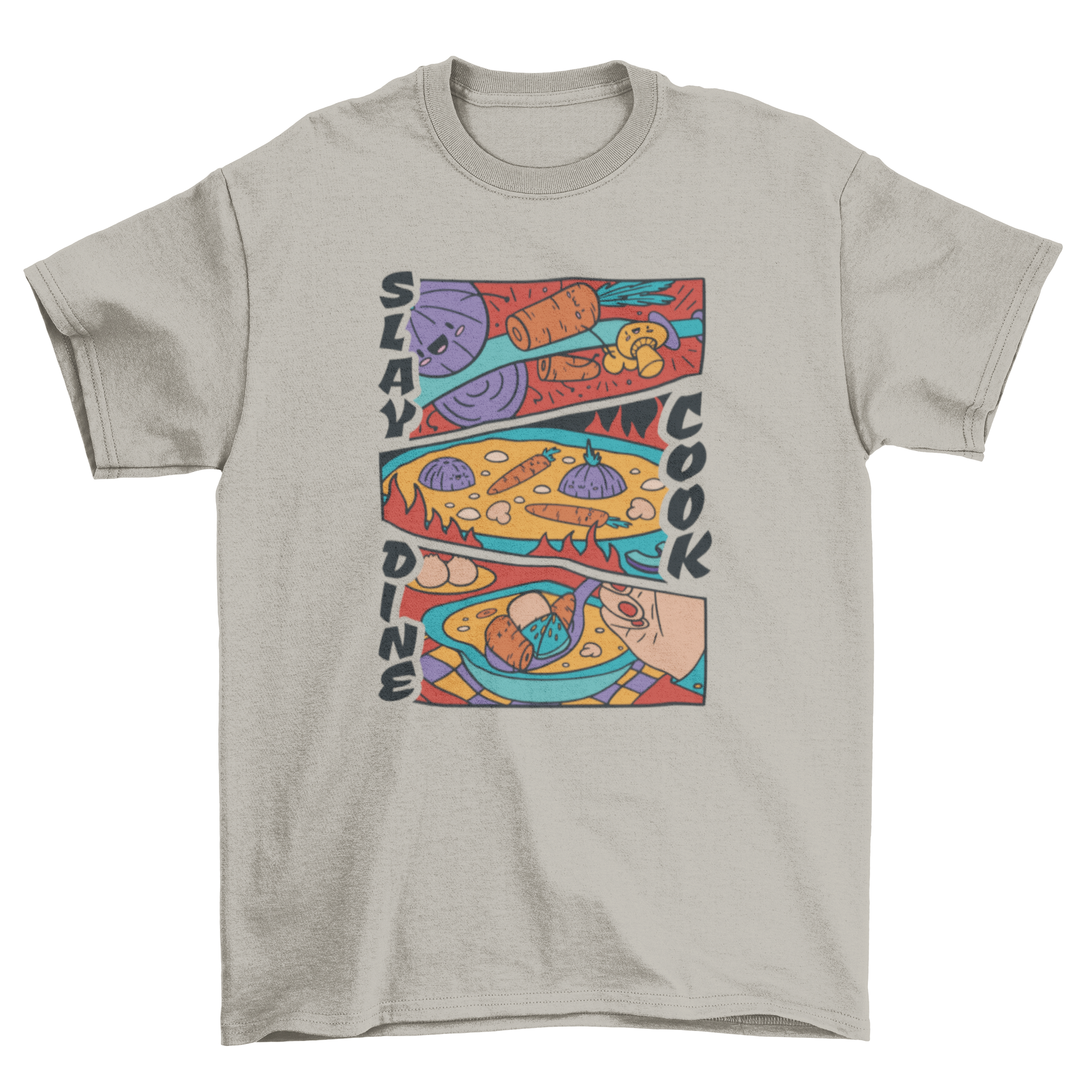 A vibrant t-shirt design featuring comic strips of a person cooking vegetables into soup with the quote 'Slay, cook, dine'.