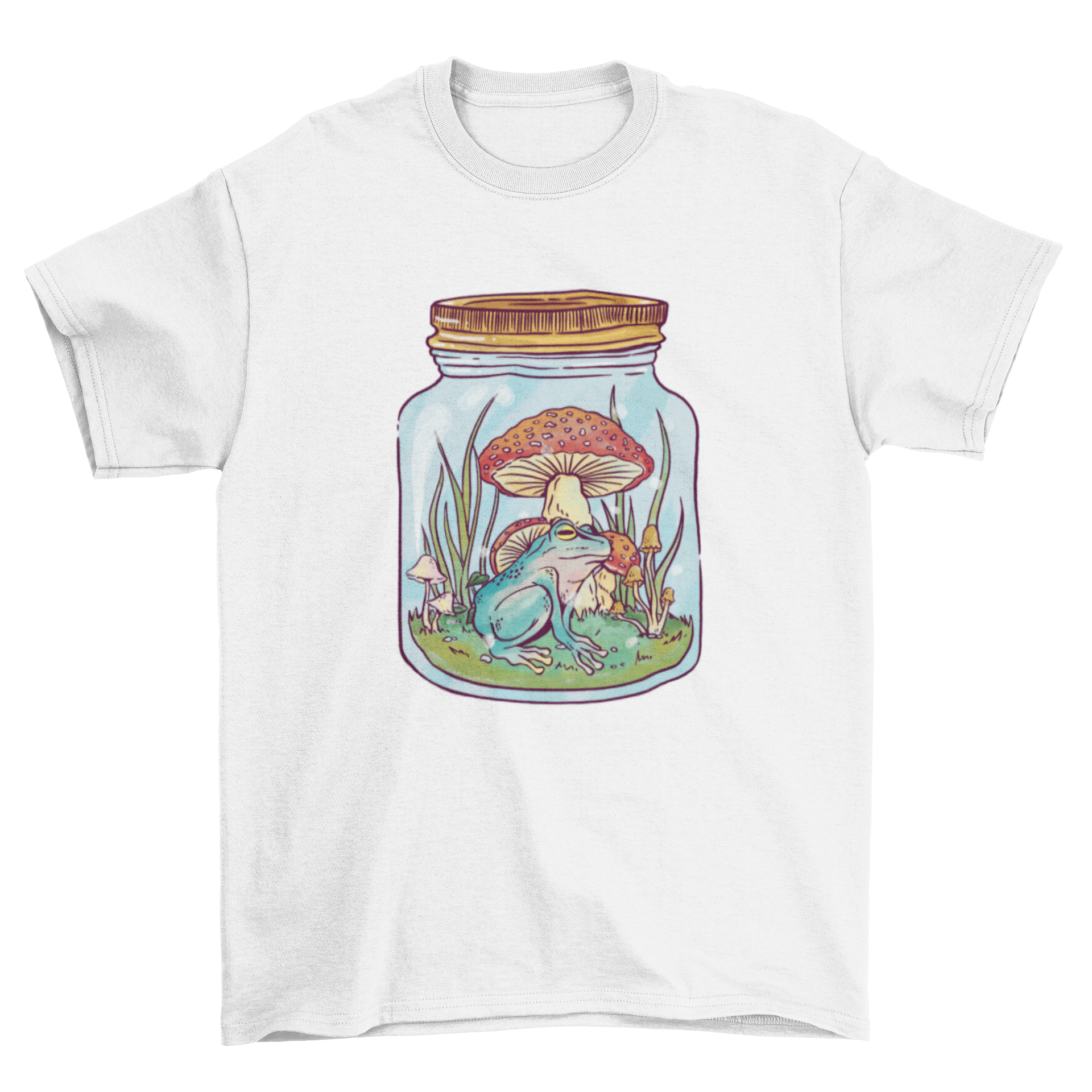 A vibrant t-shirt featuring a frog inside a mason jar, surrounded by mushrooms and plants, showcasing a unique nature-inspired design.