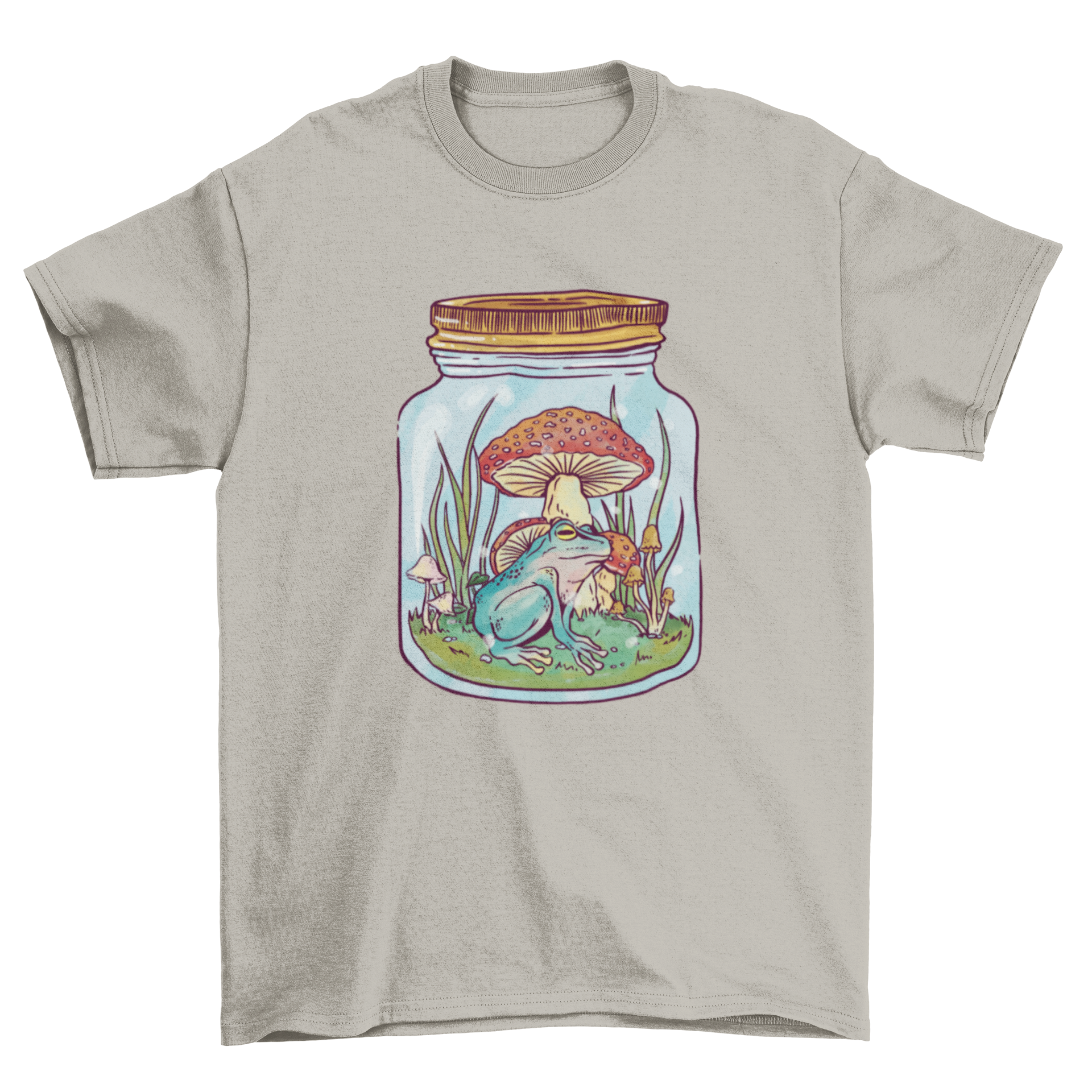 A vibrant t-shirt featuring a frog inside a mason jar, surrounded by mushrooms and plants, showcasing a unique nature-inspired design.