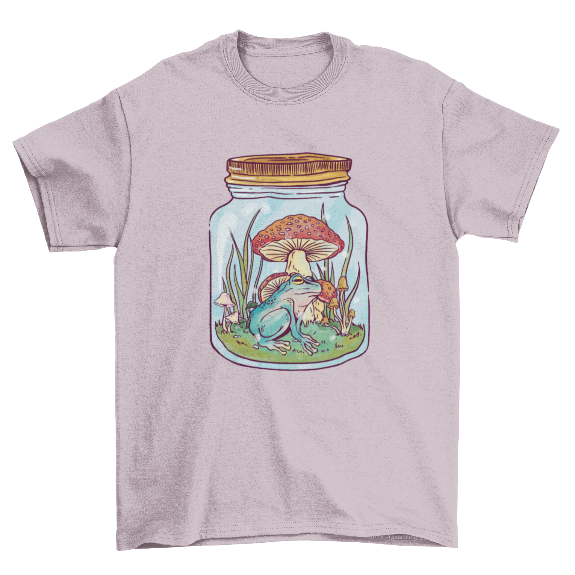 A vibrant t-shirt featuring a frog inside a mason jar, surrounded by mushrooms and plants, showcasing a unique nature-inspired design.