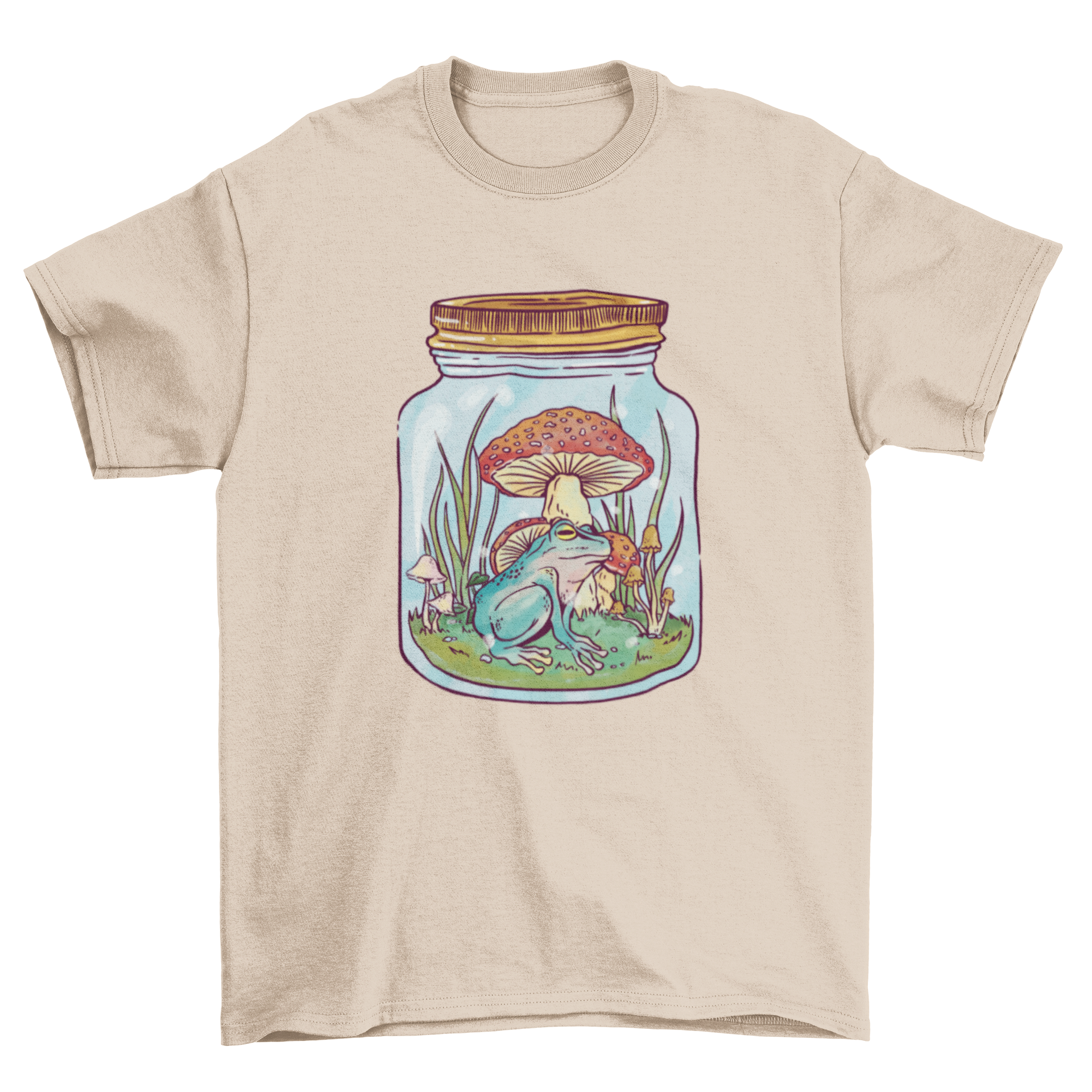 A vibrant t-shirt featuring a frog inside a mason jar, surrounded by mushrooms and plants, showcasing a unique nature-inspired design.