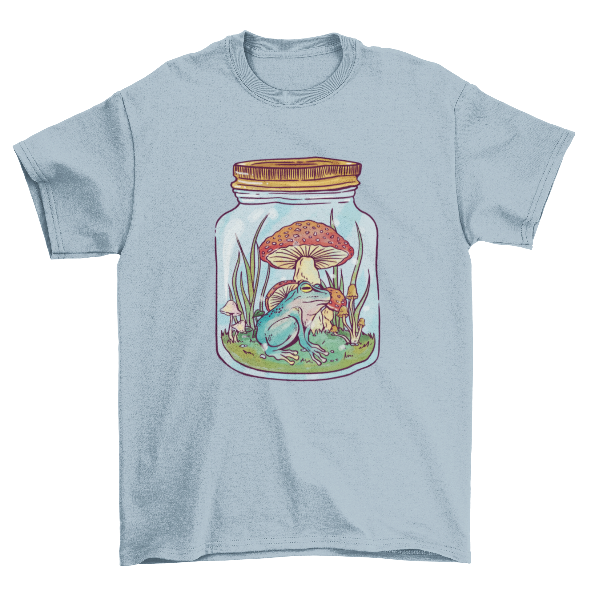 A vibrant t-shirt featuring a frog inside a mason jar, surrounded by mushrooms and plants, showcasing a unique nature-inspired design.