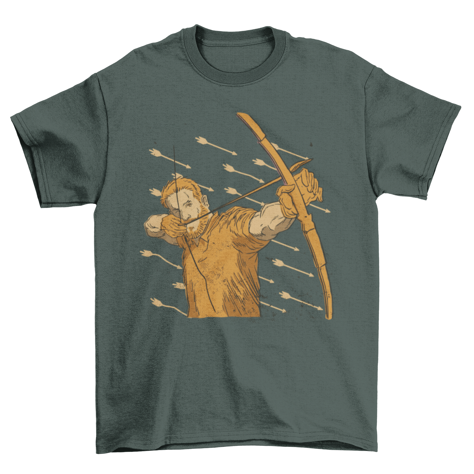 Cool Archer Man T-Shirt featuring an archer aiming, designed for archery enthusiasts.
