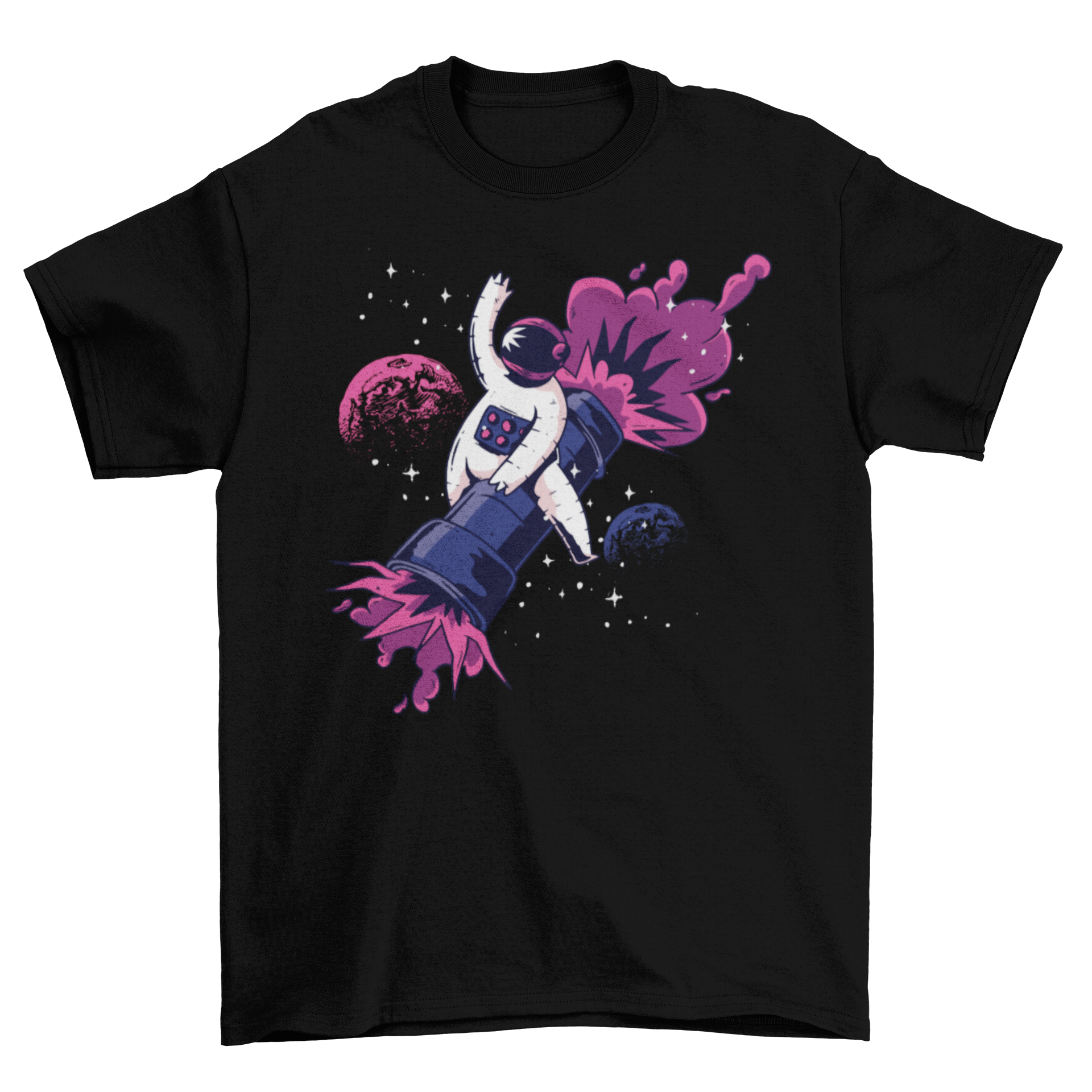 Cool t-shirt featuring an astronaut riding a bazooka in space, showcasing a unique and playful design.