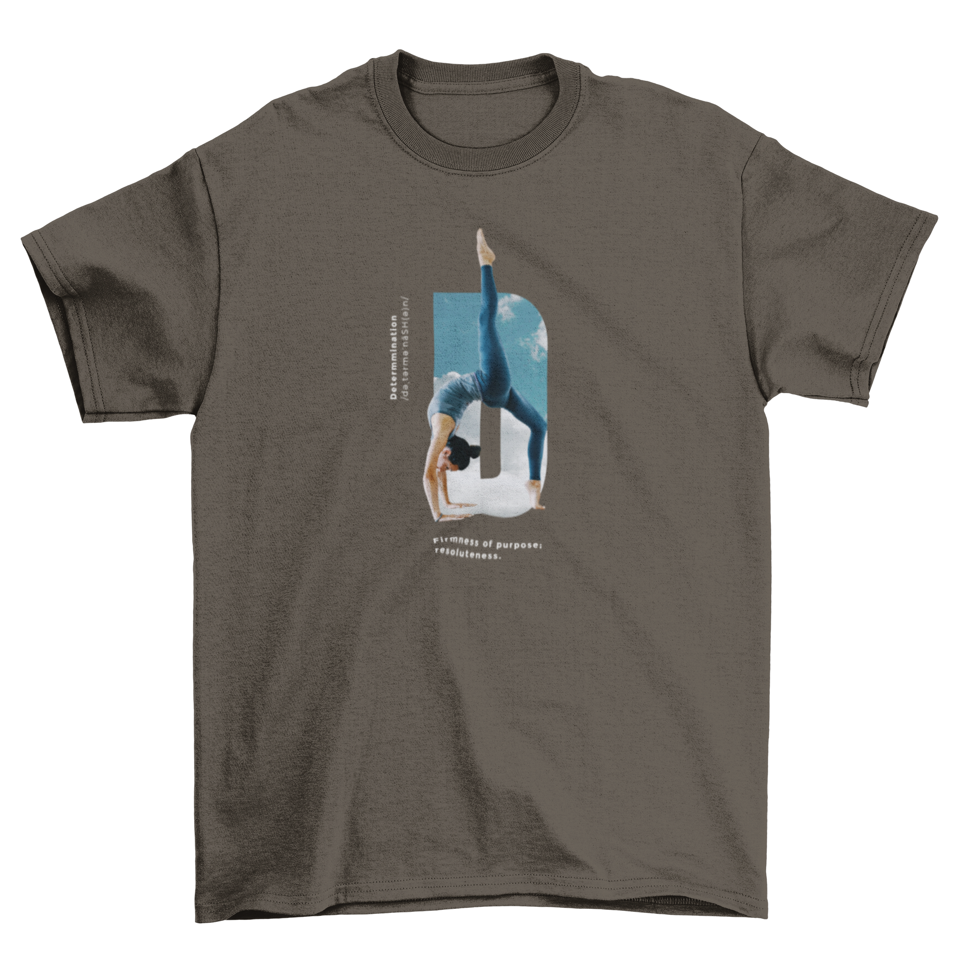 Cool Awesome Girl Yoga T-shirt featuring a girl in a yoga pose with the quote 'Determination' integrated into the design.