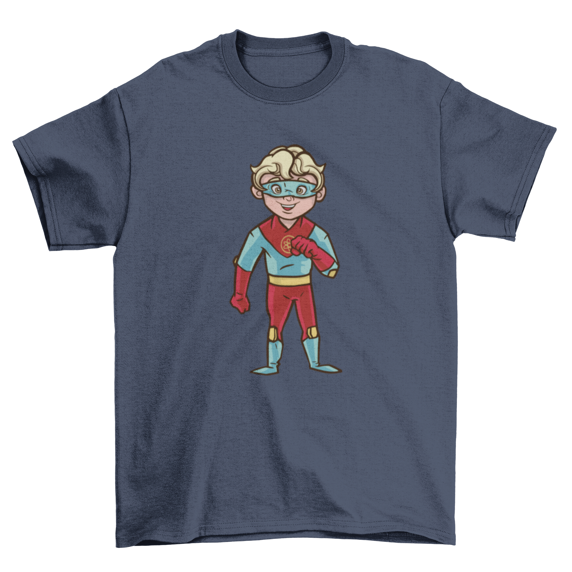 Cool blonde superhero boy t-shirt featuring a vibrant blue and red design with an illustration of a superhero kid.