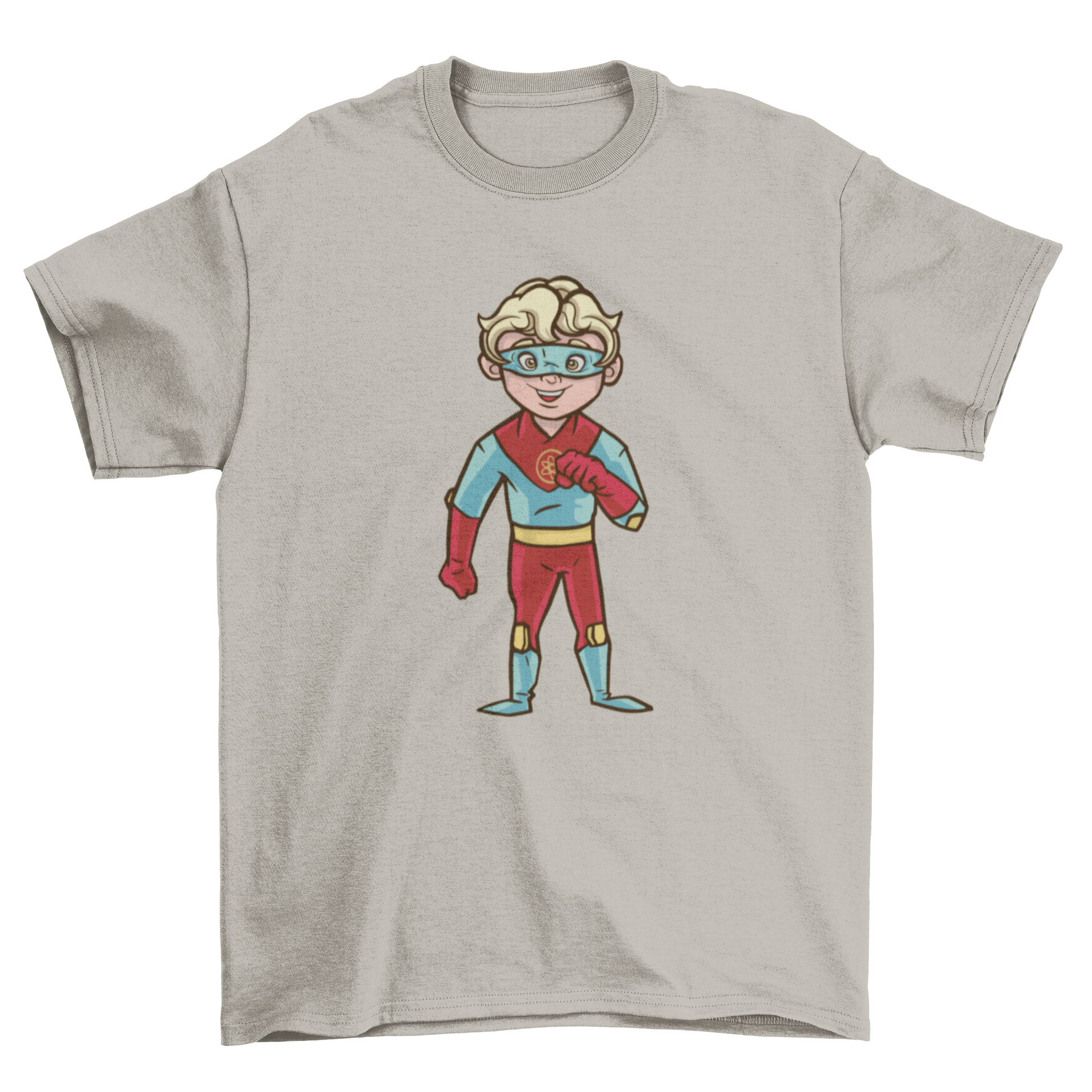 Cool blonde superhero boy t-shirt featuring a vibrant blue and red design with an illustration of a superhero kid.