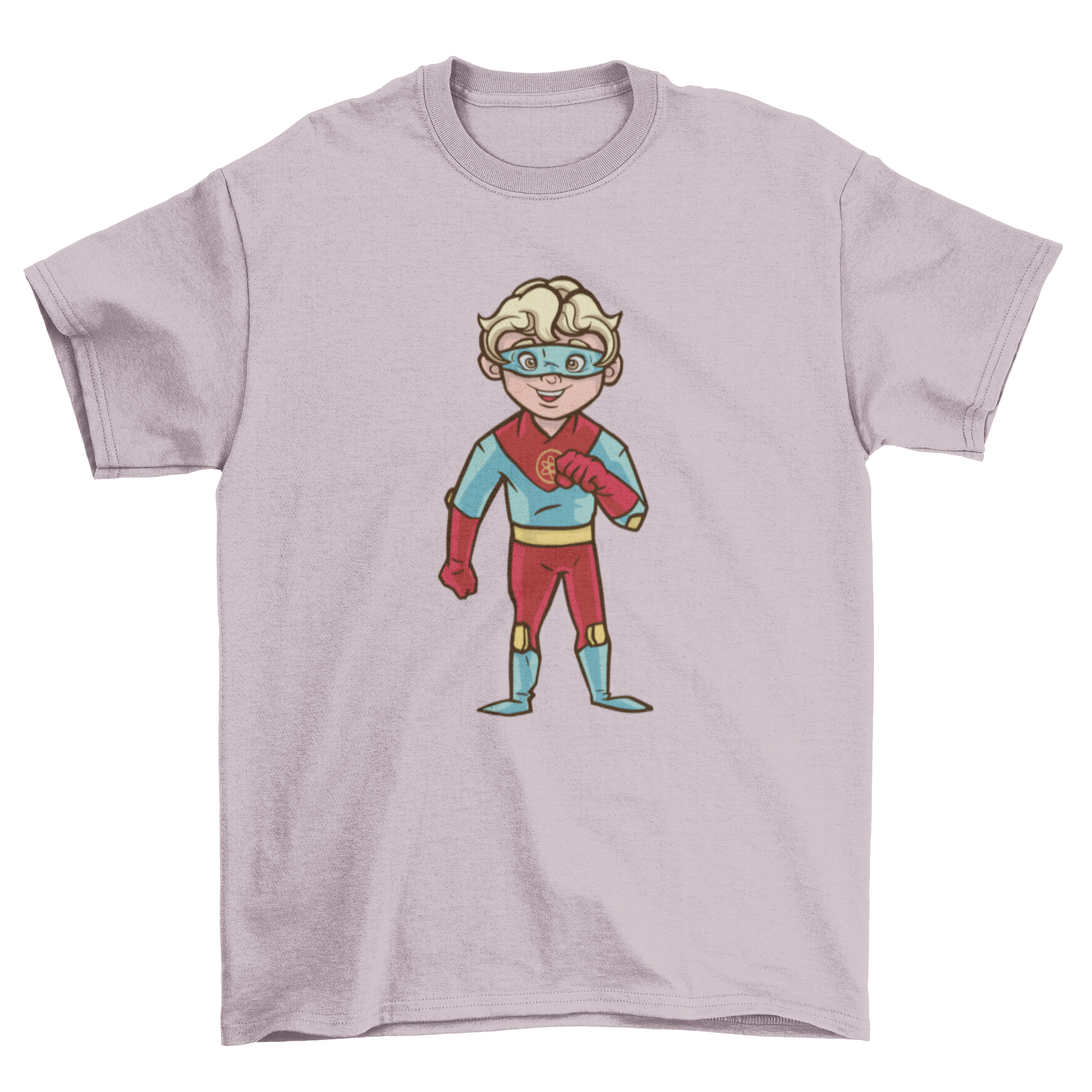 Cool blonde superhero boy t-shirt featuring a vibrant blue and red design with an illustration of a superhero kid.