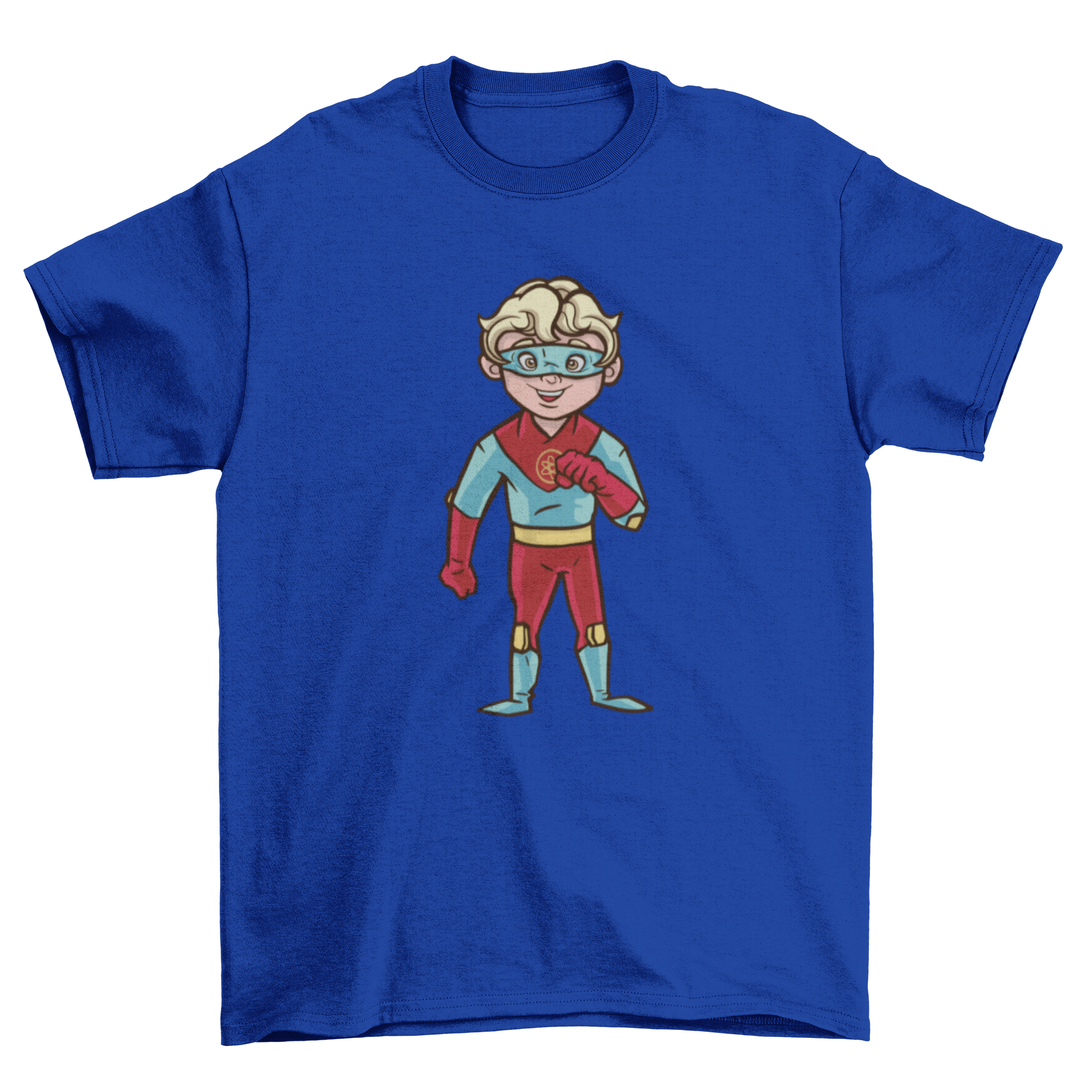 Cool blonde superhero boy t-shirt featuring a vibrant blue and red design with an illustration of a superhero kid.