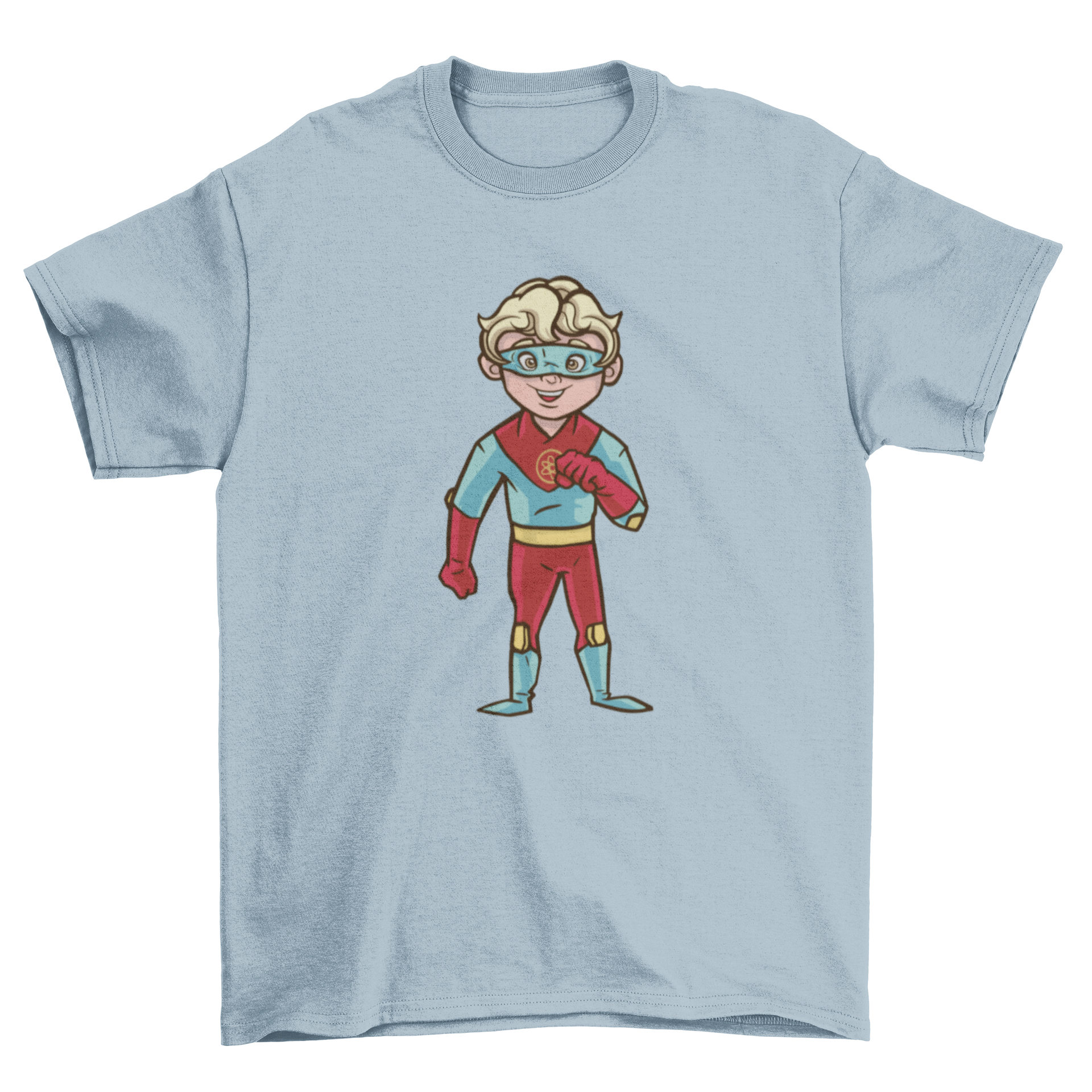 Cool blonde superhero boy t-shirt featuring a vibrant blue and red design with an illustration of a superhero kid.