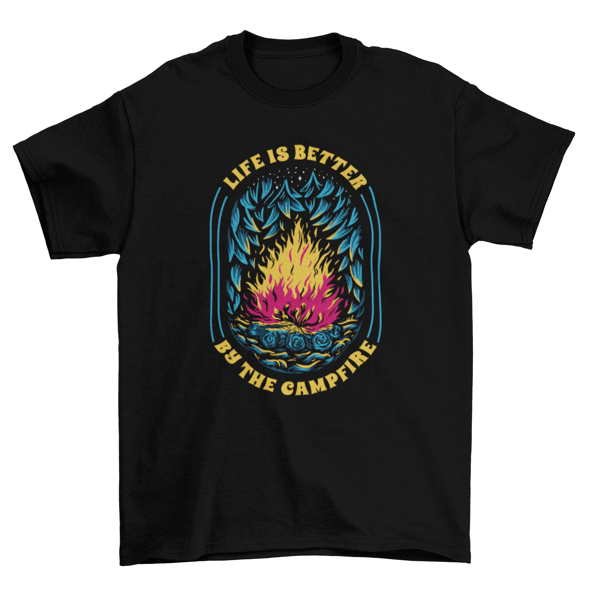 Cool camping t-shirt featuring a bonfire design and the quote 'Life is better by the campfire'.