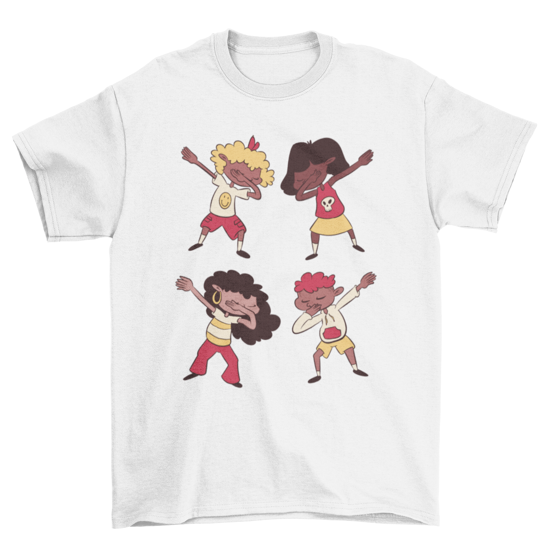 Youth t-shirt featuring cartoon kids dabbing in a colorful design.