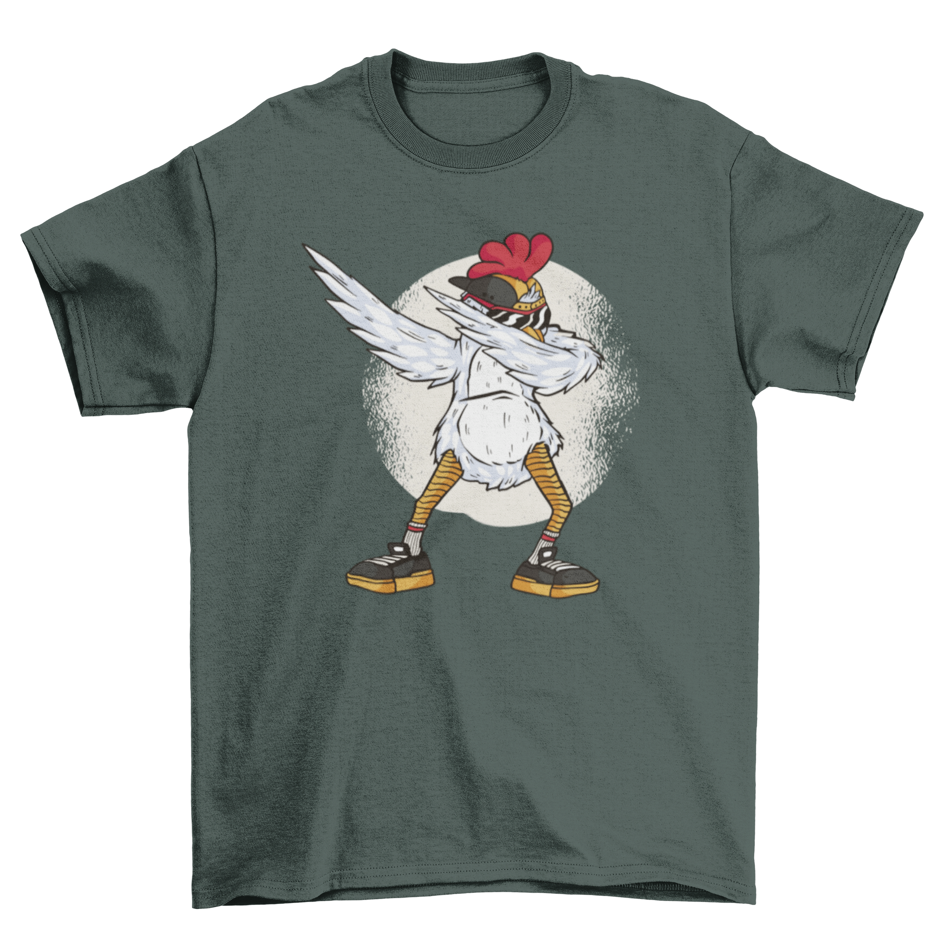 A playful t-shirt featuring a chicken dabbing, showcasing a fun and unique design.