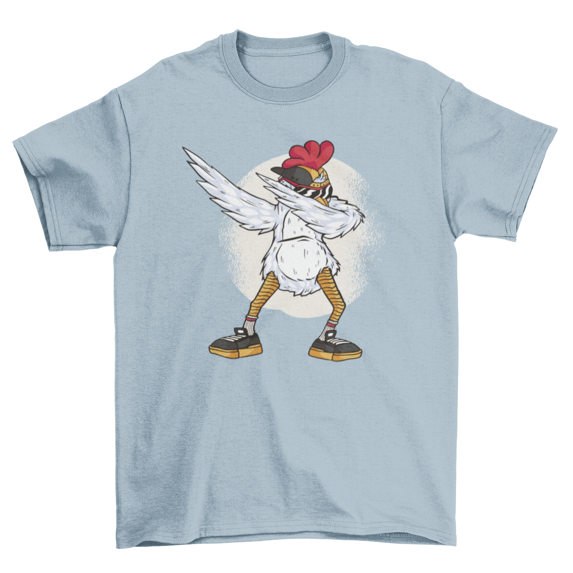 A playful t-shirt featuring a chicken dabbing, showcasing a fun and unique design.