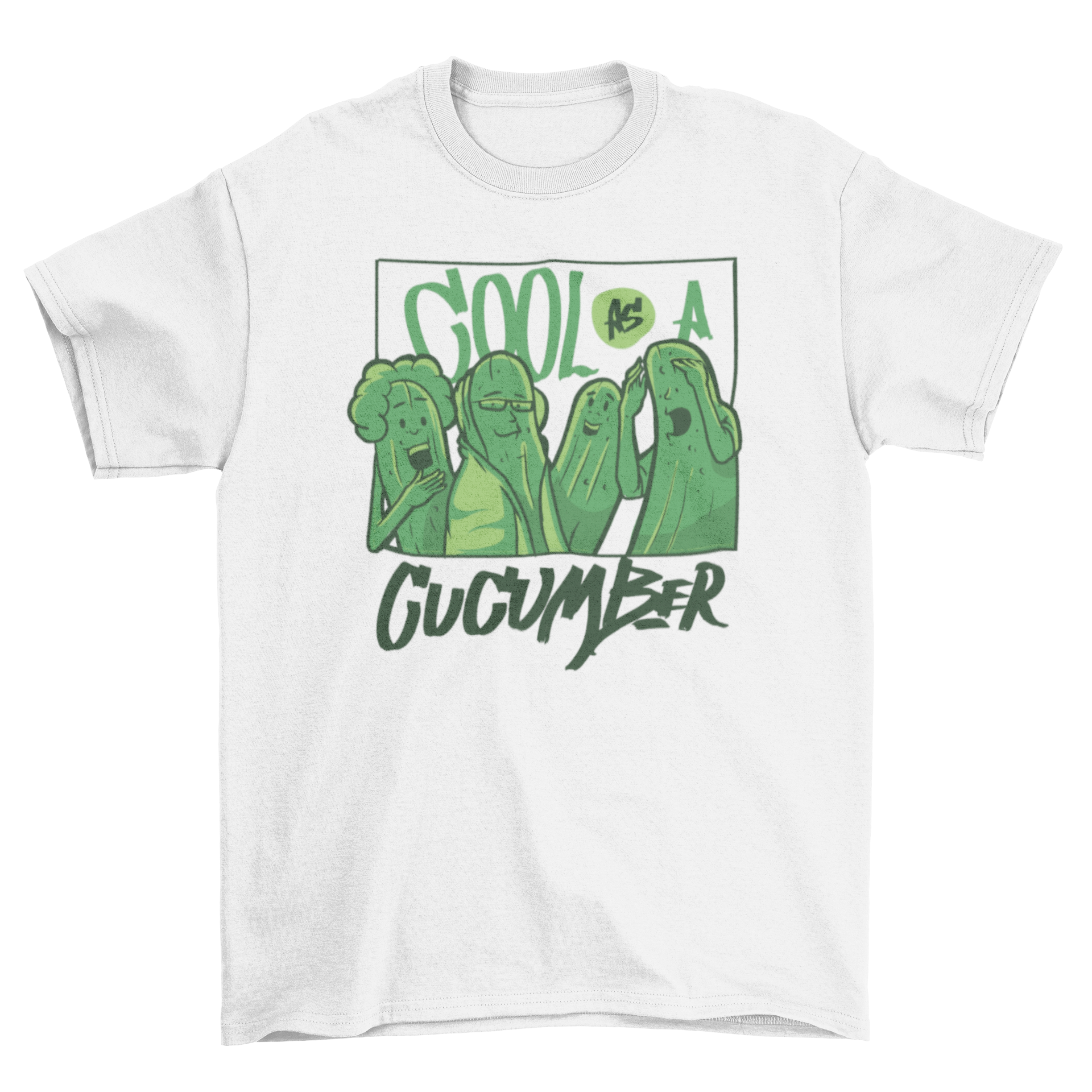 A humorous t-shirt featuring four cucumbers with facial expressions and the quote 'Cool as a cucumber'.