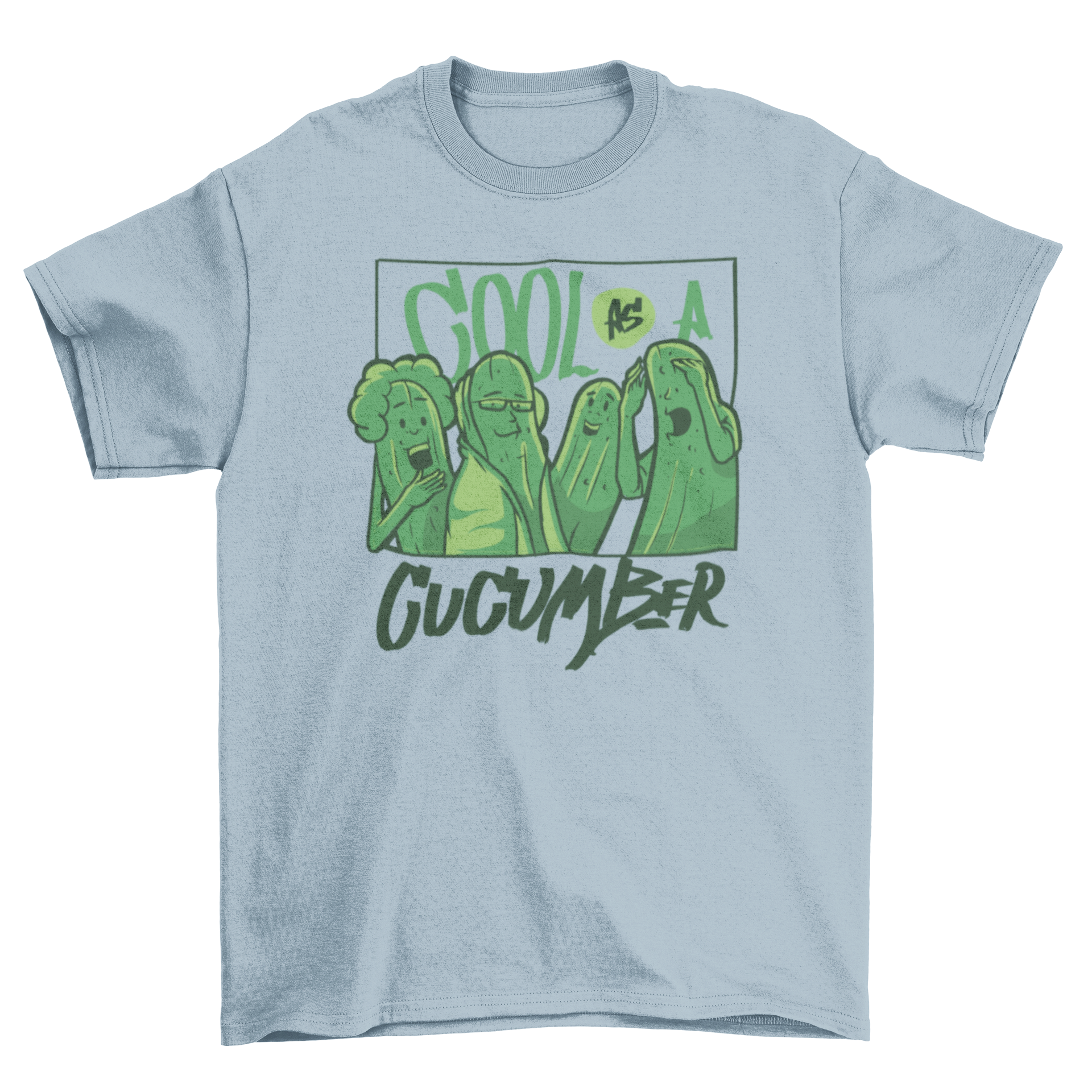 A humorous t-shirt featuring four cucumbers with facial expressions and the quote 'Cool as a cucumber'.