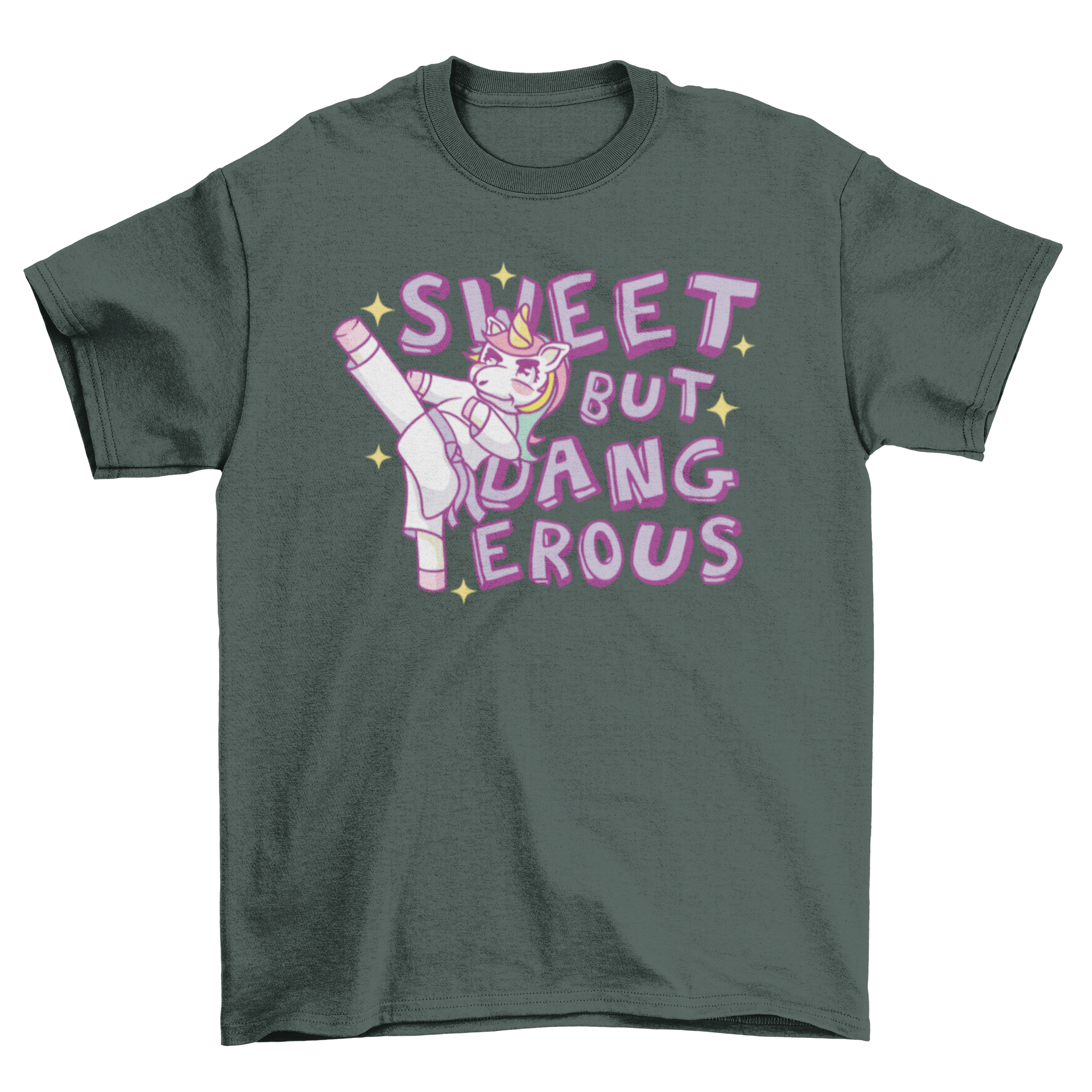 A vibrant t-shirt featuring a karate unicorn in action with the quote 'Sweet but Dangerous'.