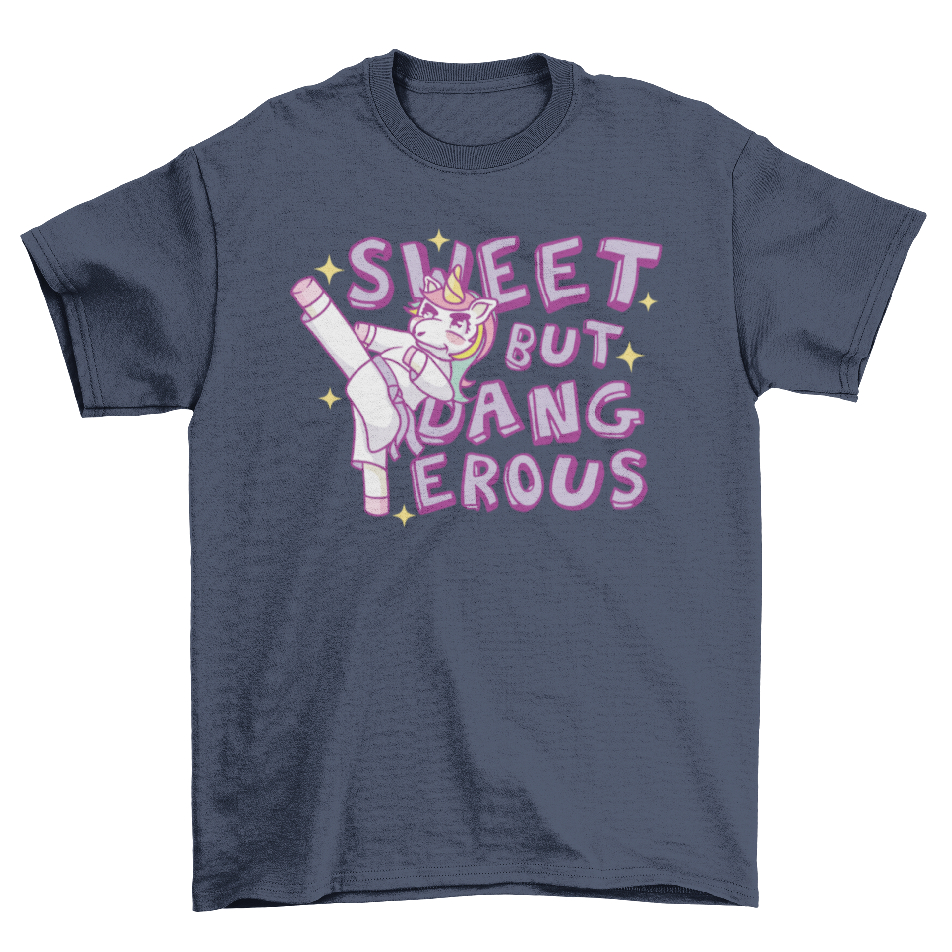A vibrant t-shirt featuring a karate unicorn in action with the quote 'Sweet but Dangerous'.