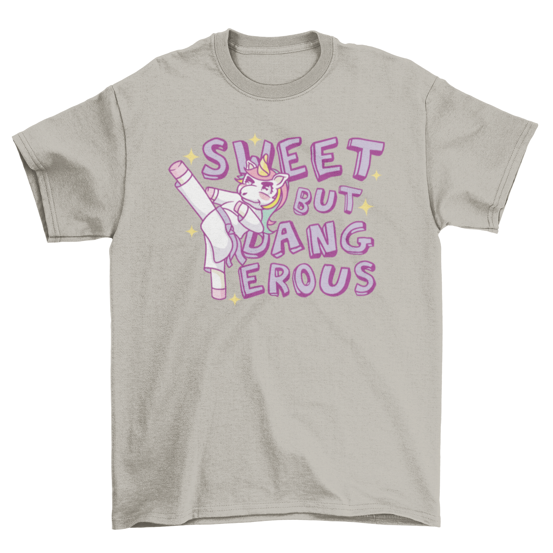 A vibrant t-shirt featuring a karate unicorn in action with the quote 'Sweet but Dangerous'.