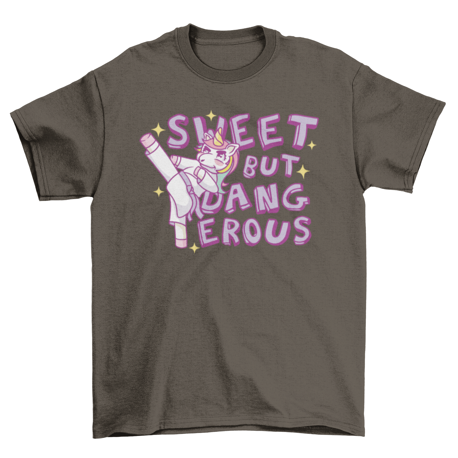 A vibrant t-shirt featuring a karate unicorn in action with the quote 'Sweet but Dangerous'.