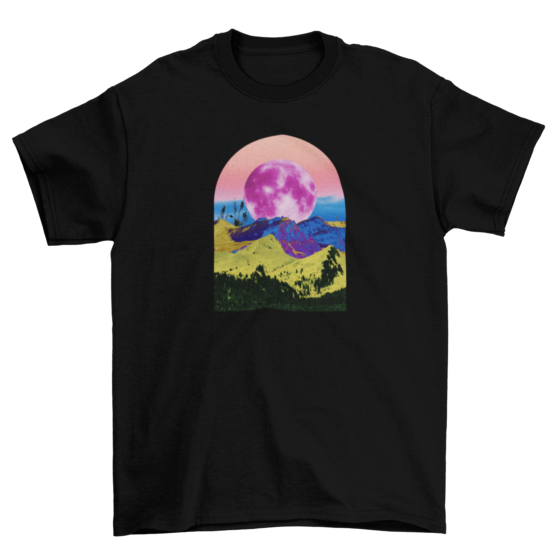 Cool Fashion Big Sky Pink Moon Mountain t-shirt featuring a pink moon and mountain landscape design.