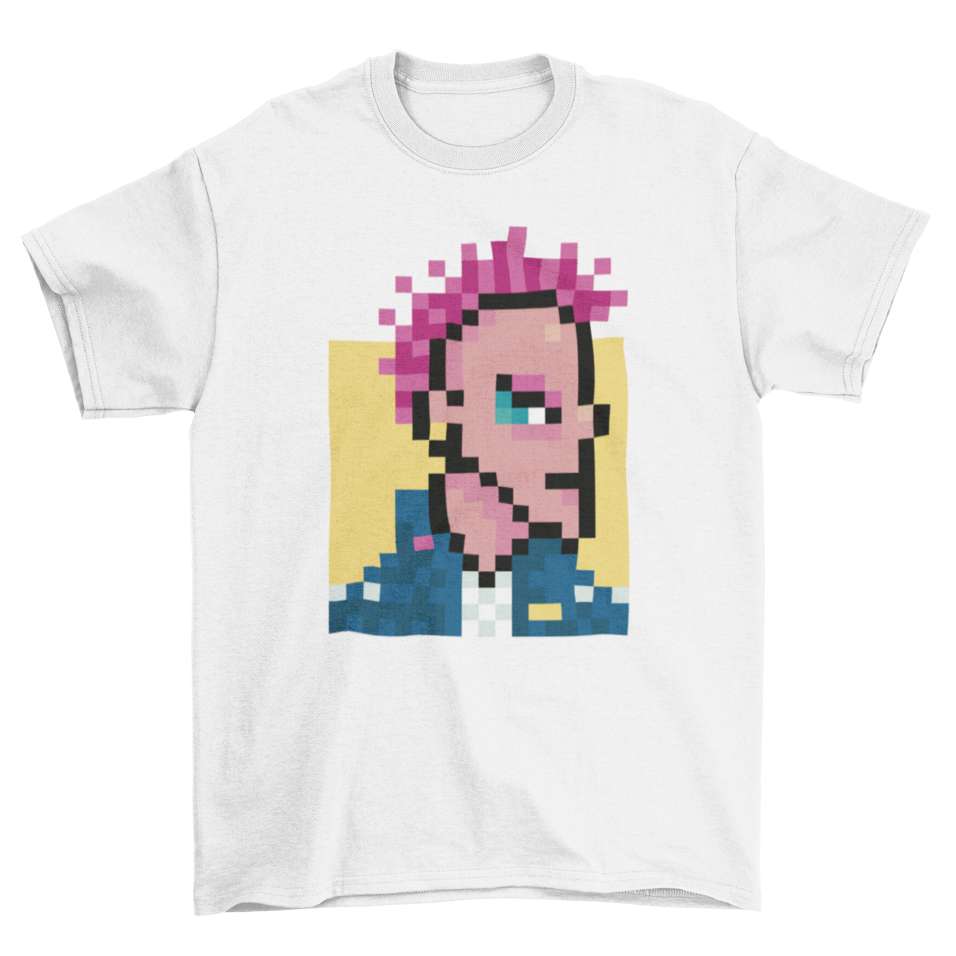 Cool t-shirt featuring a pixel art design of a boy with vibrant pink hair, embodying rock punk style.