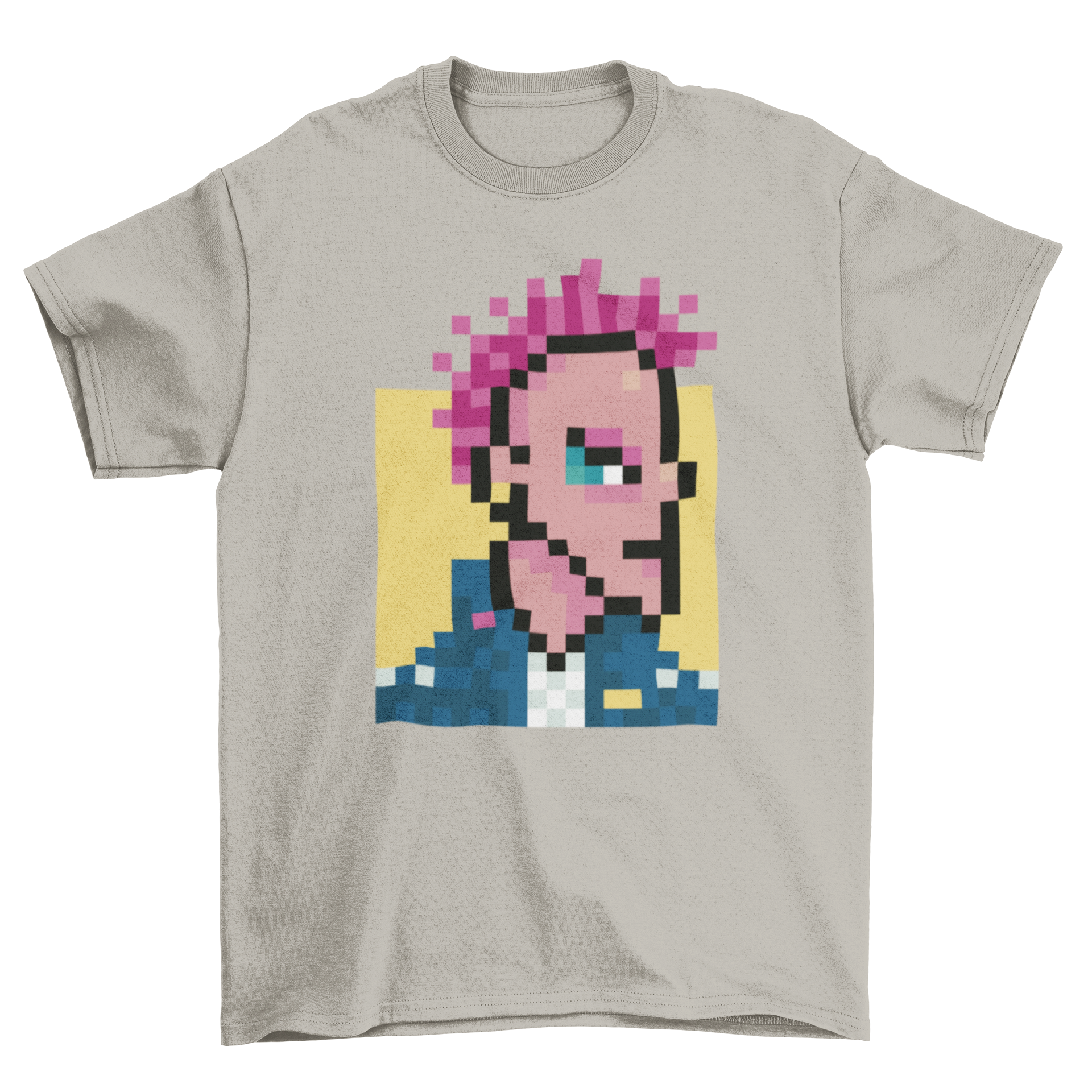 Cool t-shirt featuring a pixel art design of a boy with vibrant pink hair, embodying rock punk style.