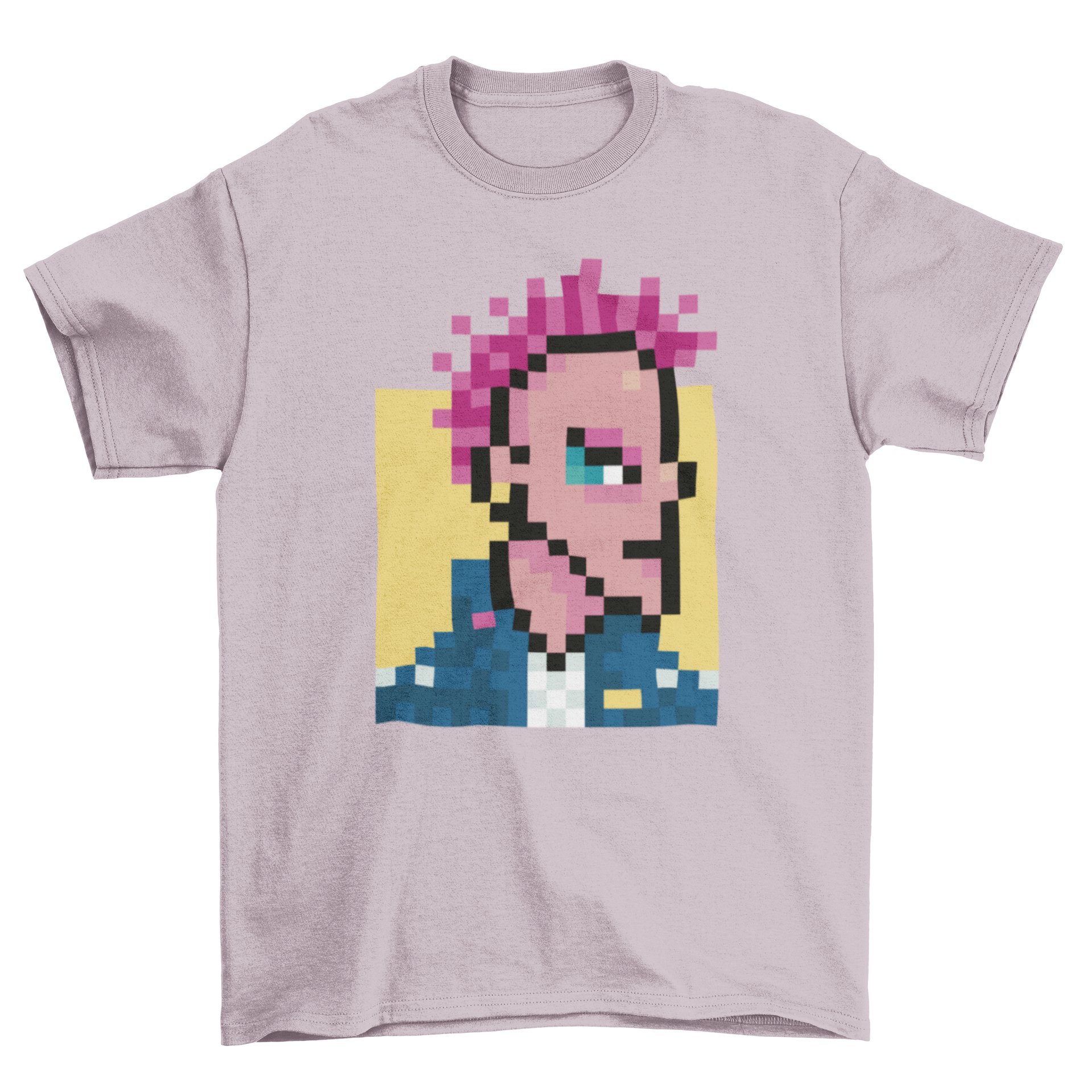 Cool t-shirt featuring a pixel art design of a boy with vibrant pink hair, embodying rock punk style.