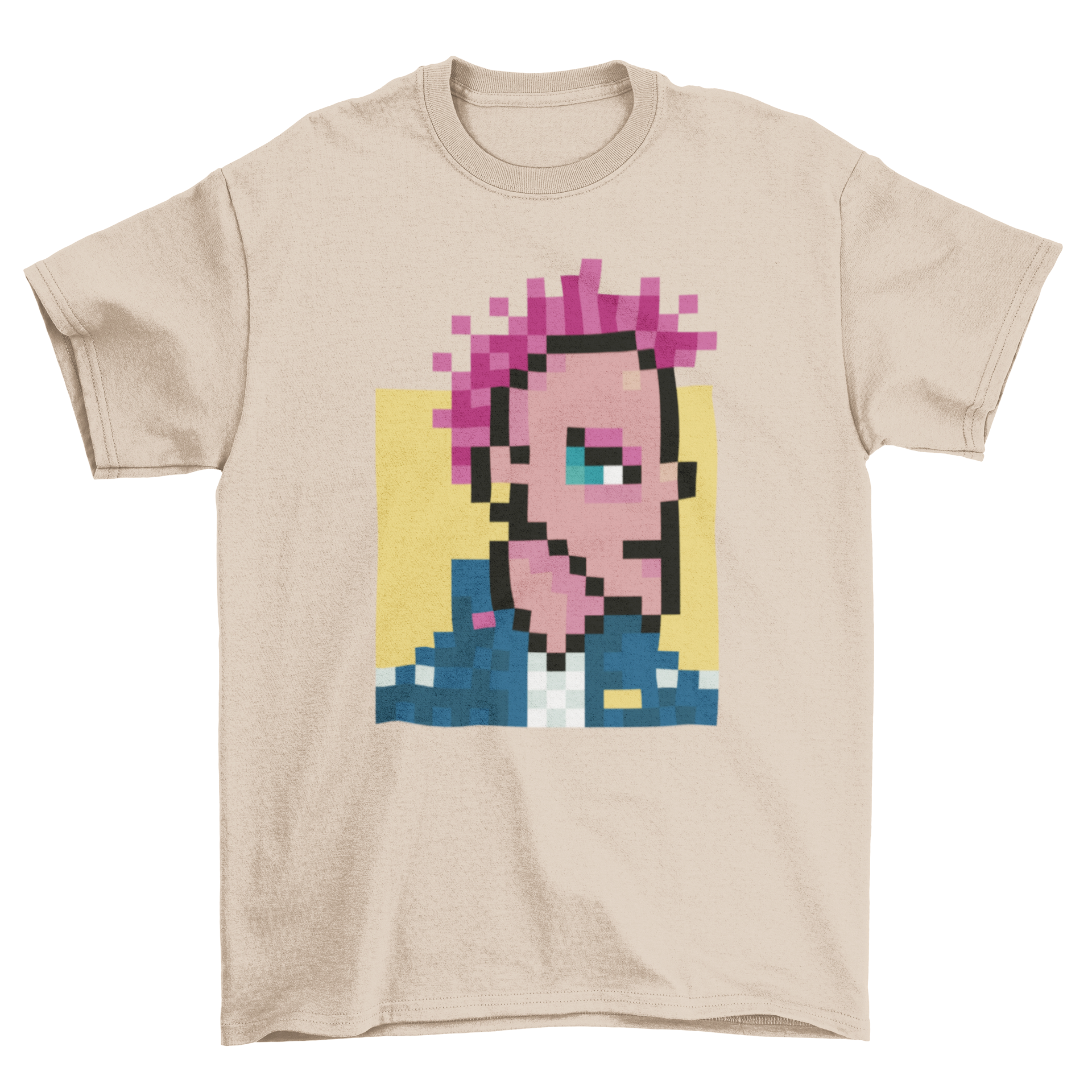 Cool t-shirt featuring a pixel art design of a boy with vibrant pink hair, embodying rock punk style.