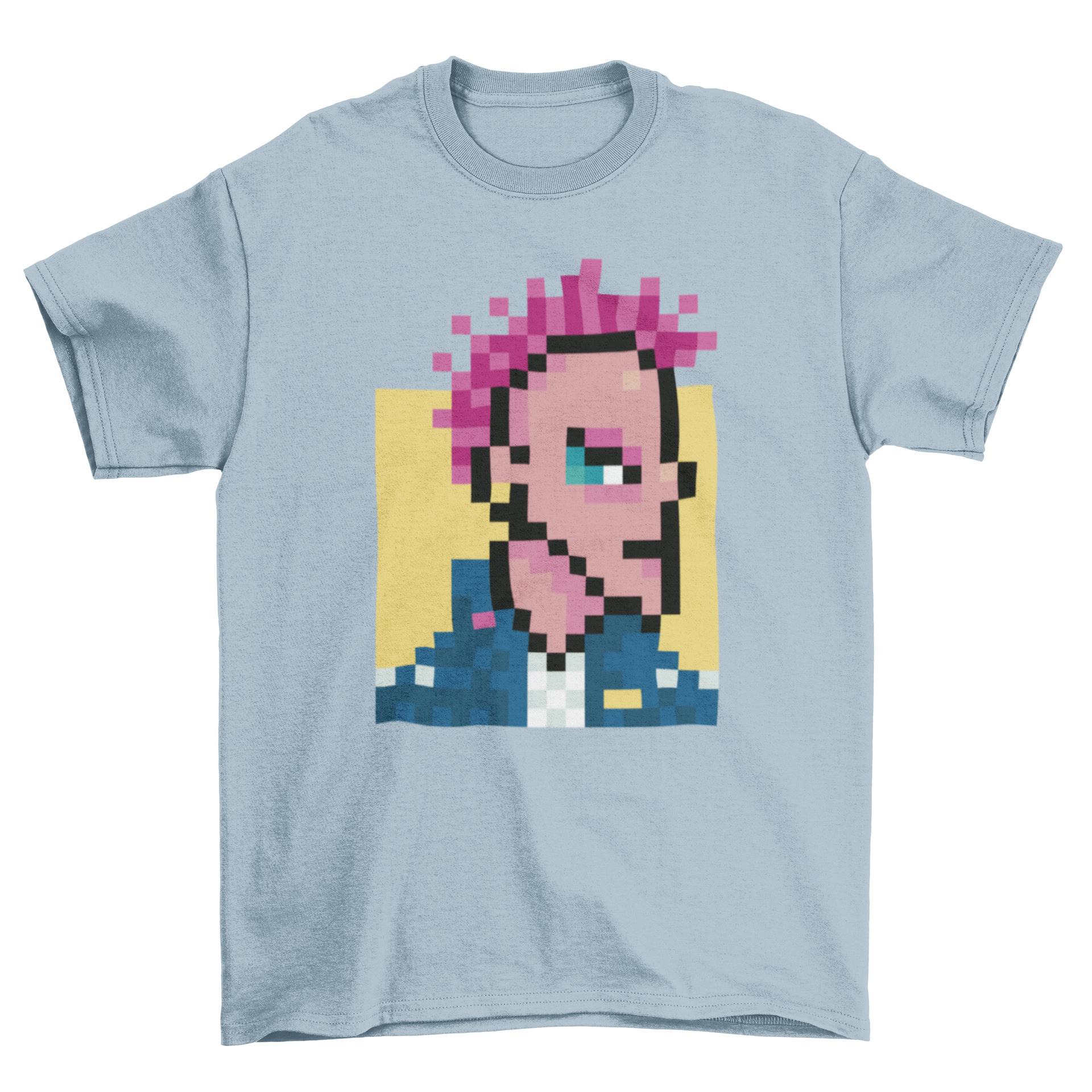 Cool t-shirt featuring a pixel art design of a boy with vibrant pink hair, embodying rock punk style.